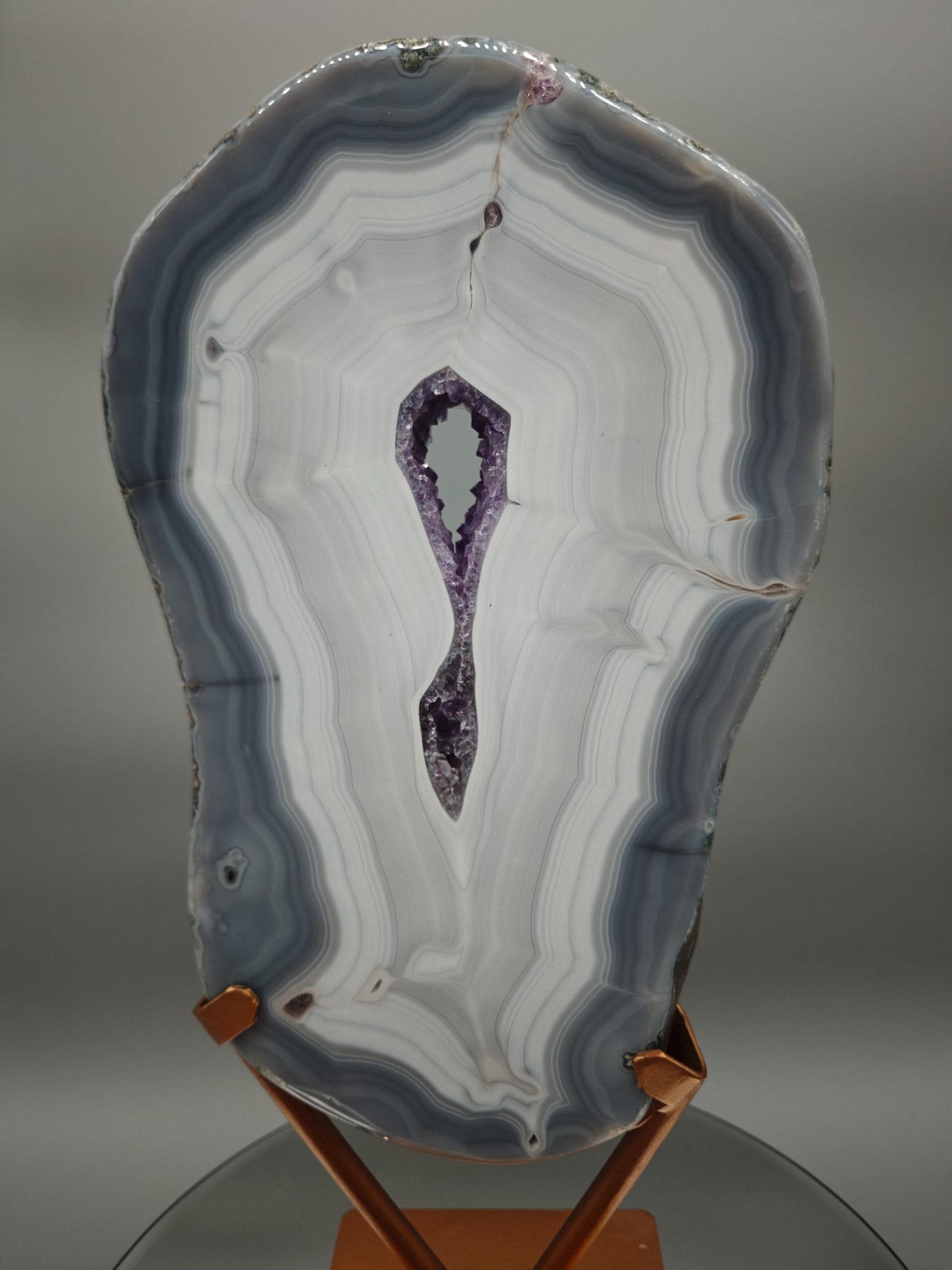 Fully Polished Druzy Amethyst with Blue Banded Agate & Calcite - Brazilian Crystal Display - 15.5in Statement Specimen - 7.33 lbs Crystal Hoarder