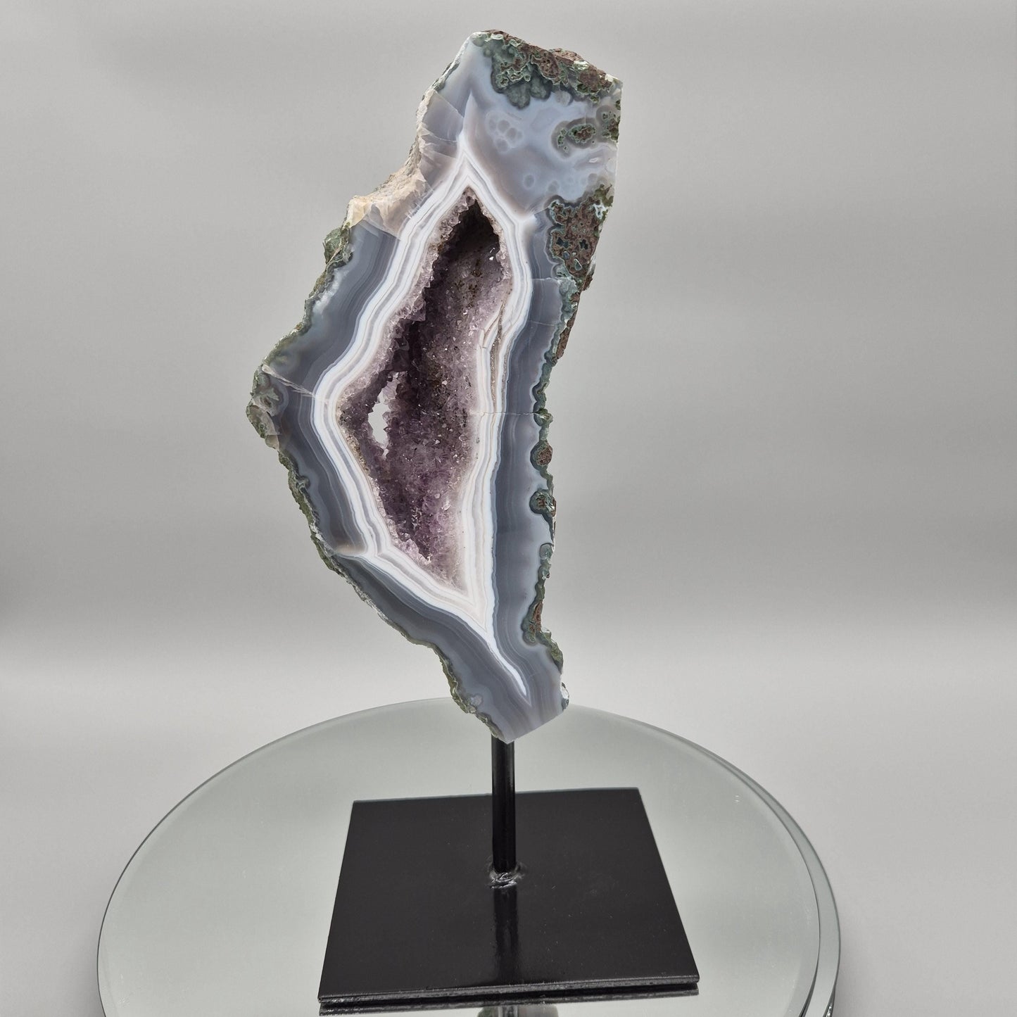 AAA+ Amethyst with Blue Banded Agate on Stand - Brazilian Amethyst Specimen with Natural Window - 13in Tall Crystal Display - 4.85 lbs Crystal Hoarder