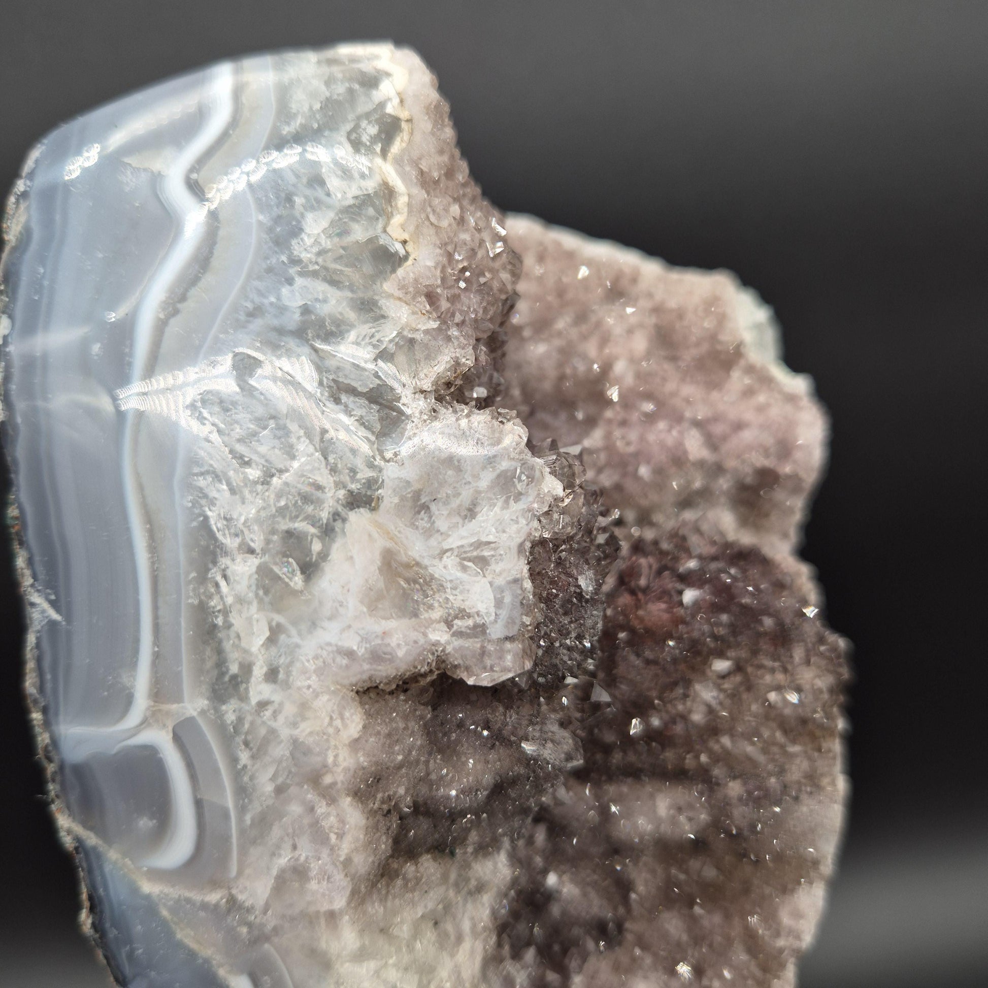 Druzy Amethyst with Hematite Blue Banded Agate on Stand Brazil 5.42 lbs 10x5x4 Crystal Display Crystal Hoarder