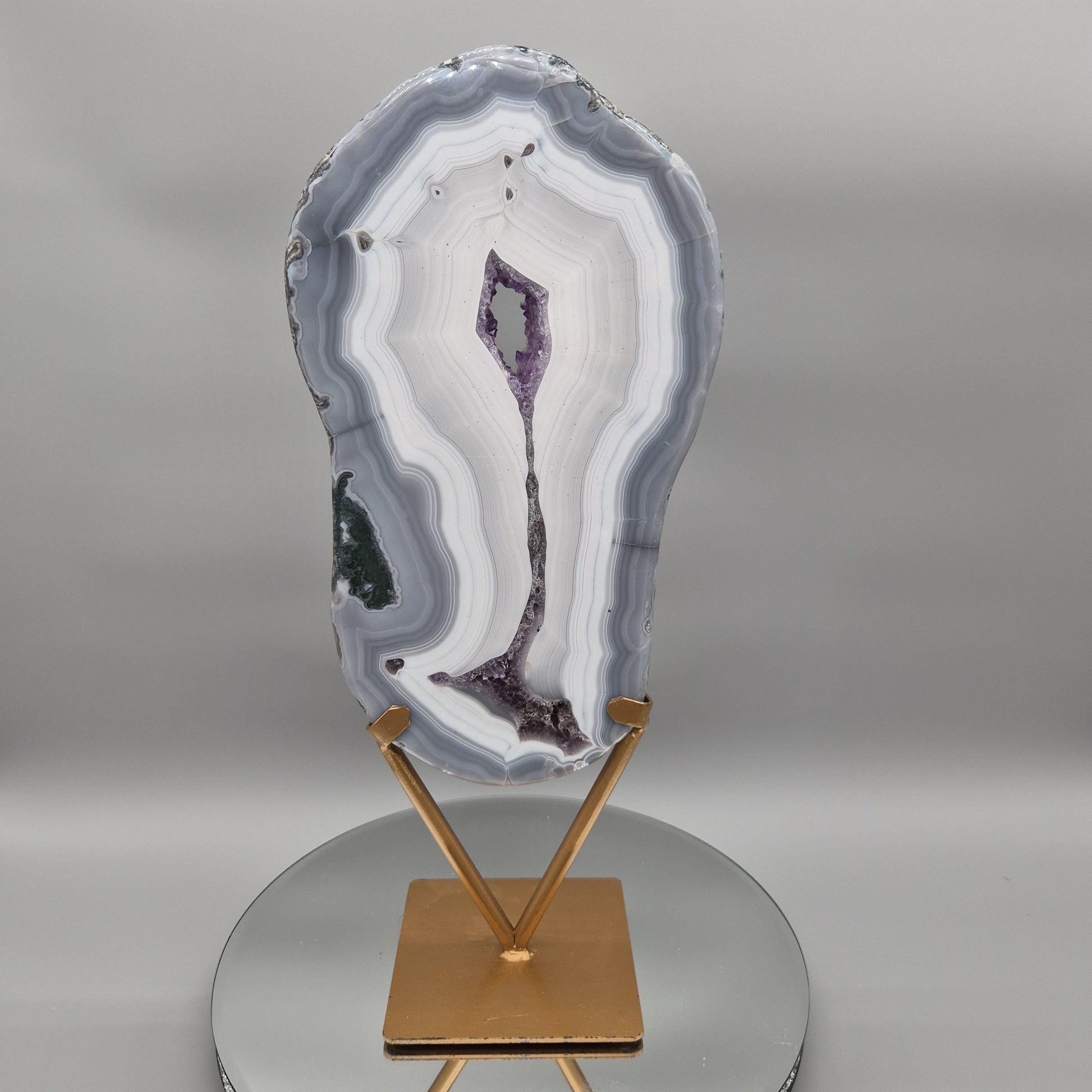 Fully Polished Druzy Amethyst with Blue Banded Agate  - Brazilian Crystal Display - 17in Statement Specimen - 8.18 lbs Crystal Hoarder