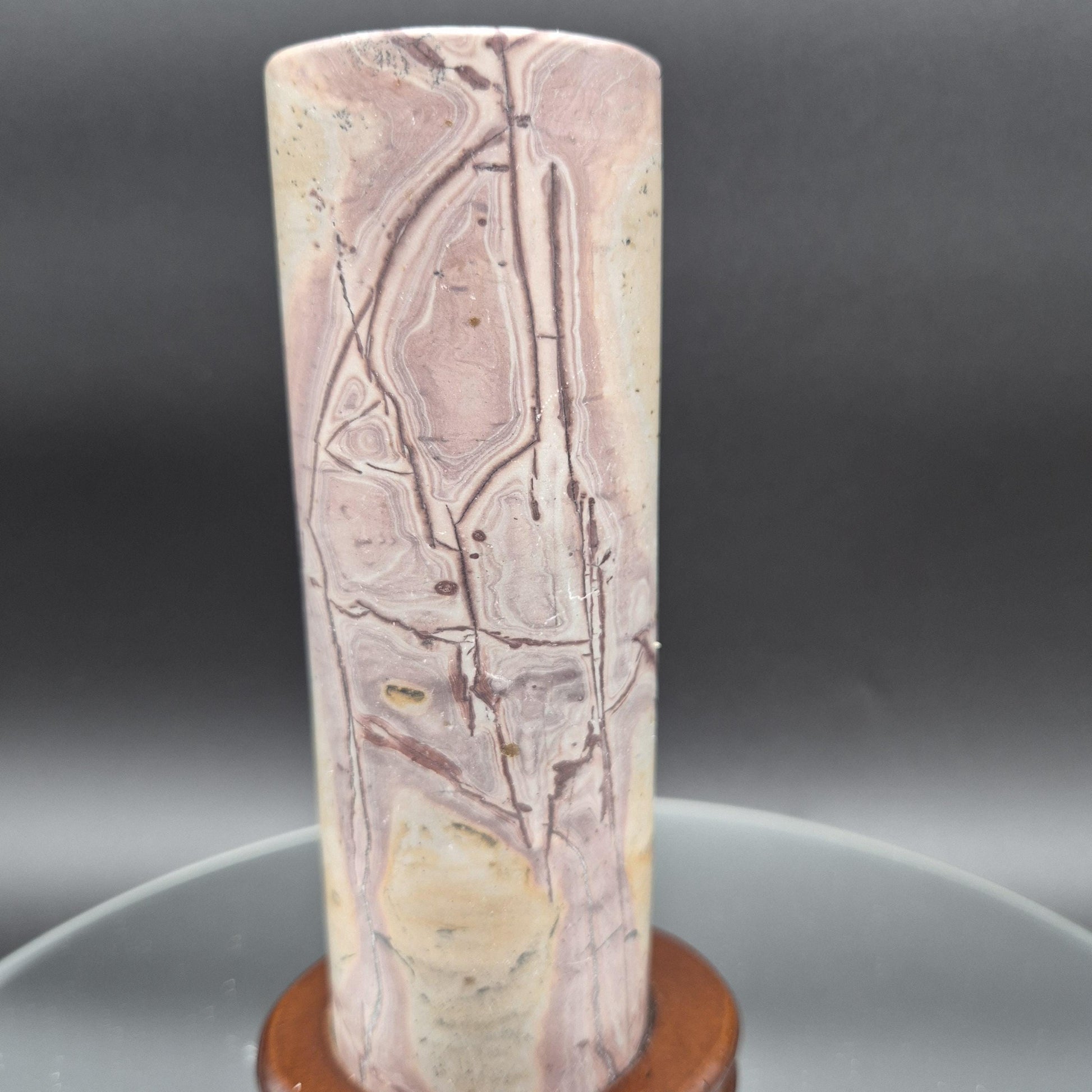 Rare Pink Picture Jasper Cylinder on Wood Stand | Natural Stone Display | 2.34 lbs Crystal Hoarder