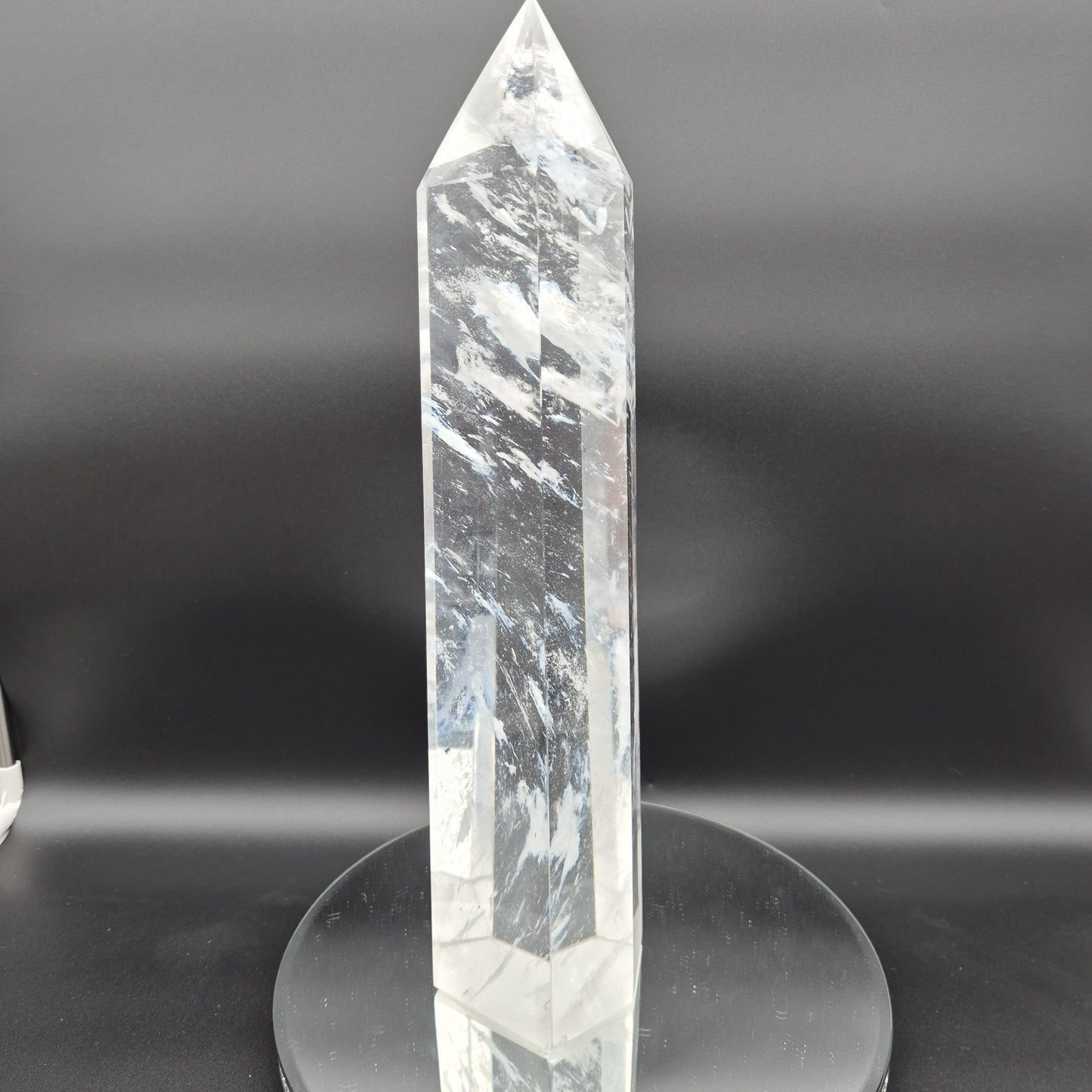 17.5in, 11.65 lbs- Clear Smelt Quartz Tower with White Cloud Inclusions - Man Made Quartz Obelisk - Optional LED Light Base Crystal Hoarder