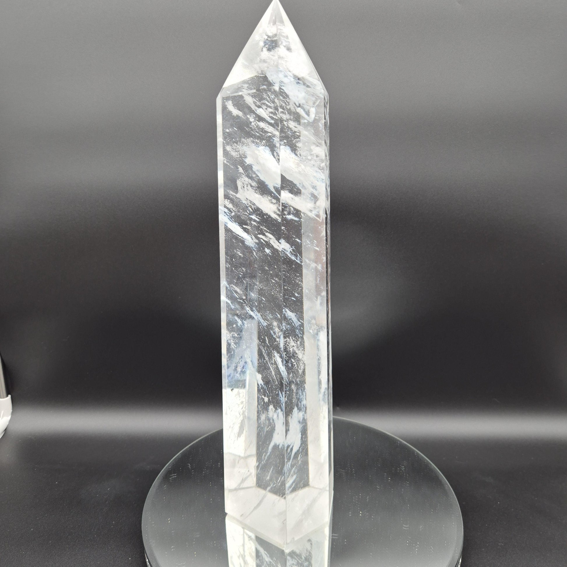17.5in, 11.65 lbs- Clear Smelt Quartz Tower with White Cloud Inclusions - Man Made Quartz Obelisk - Optional LED Light Base Crystal Hoarder