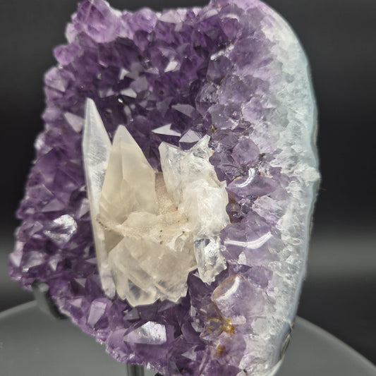 Super Rare Amethyst with Double-Terminated Transparent & Sugar Calcite | 7.5 x 4.5in | 2 lb Free-Form Crystal on Stand | UV Reactive Crystal Hoarder