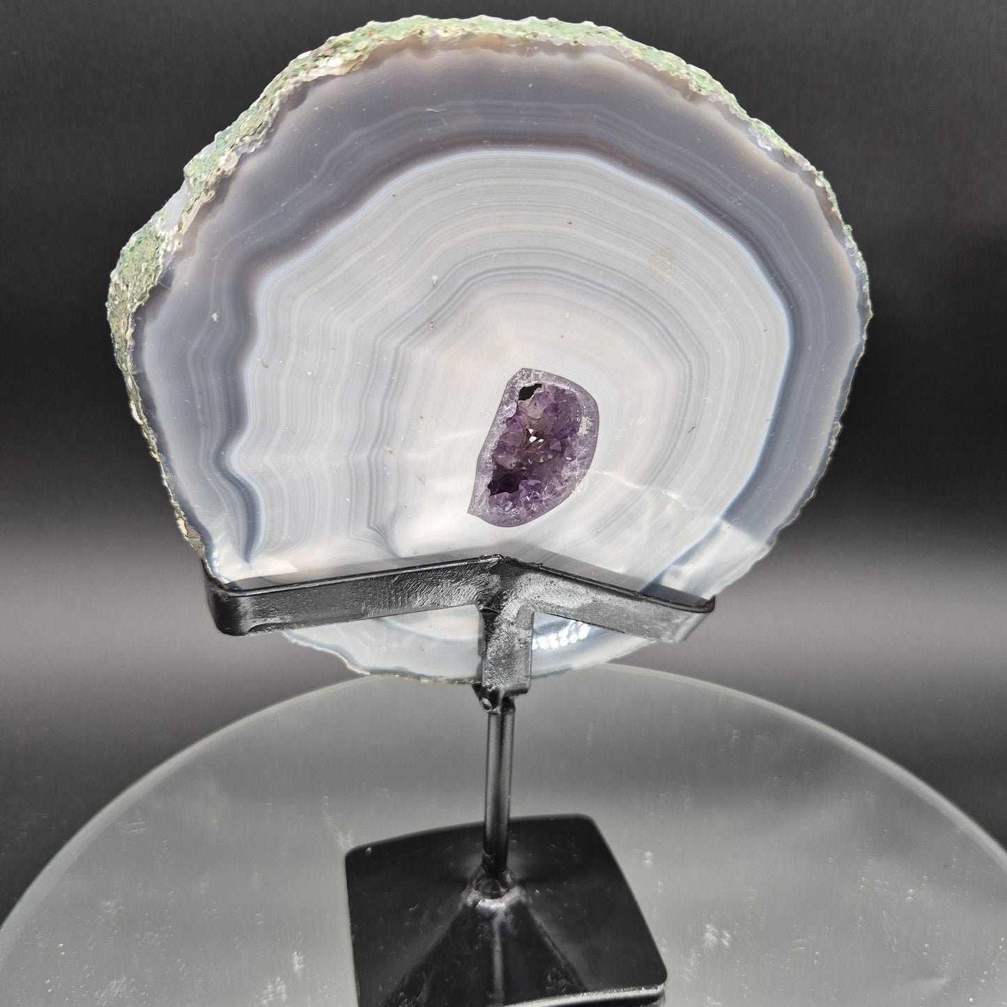 AAA+ Blue Banded Agate with Amethyst on Stand | Brazil Crystal Display | 9 Inch Tall | 2.89 lbs Crystal Hoarder