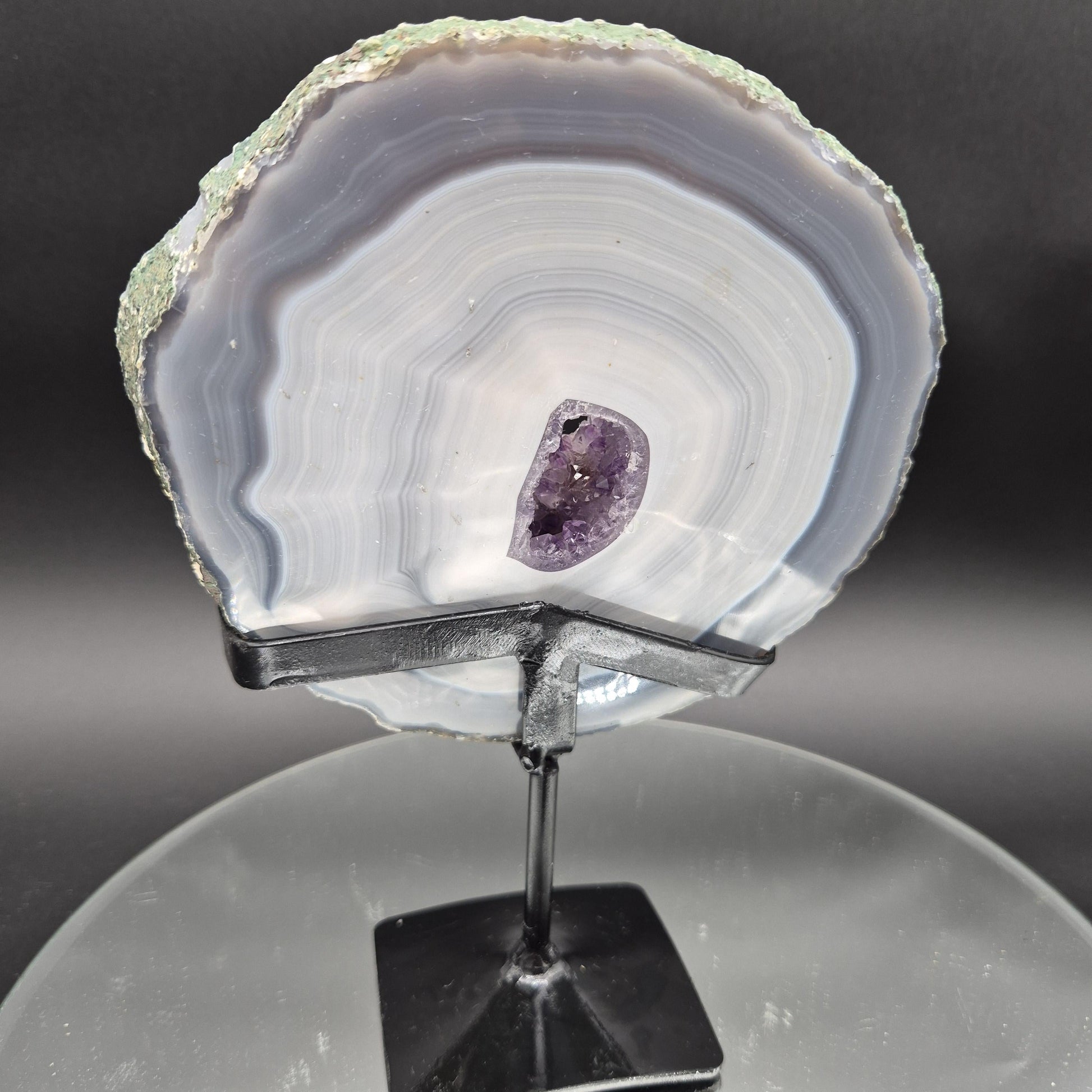 AAA+ Blue Banded Agate with Amethyst on Stand | Brazil Crystal Display | 9 Inch Tall | 2.89 lbs Crystal Hoarder