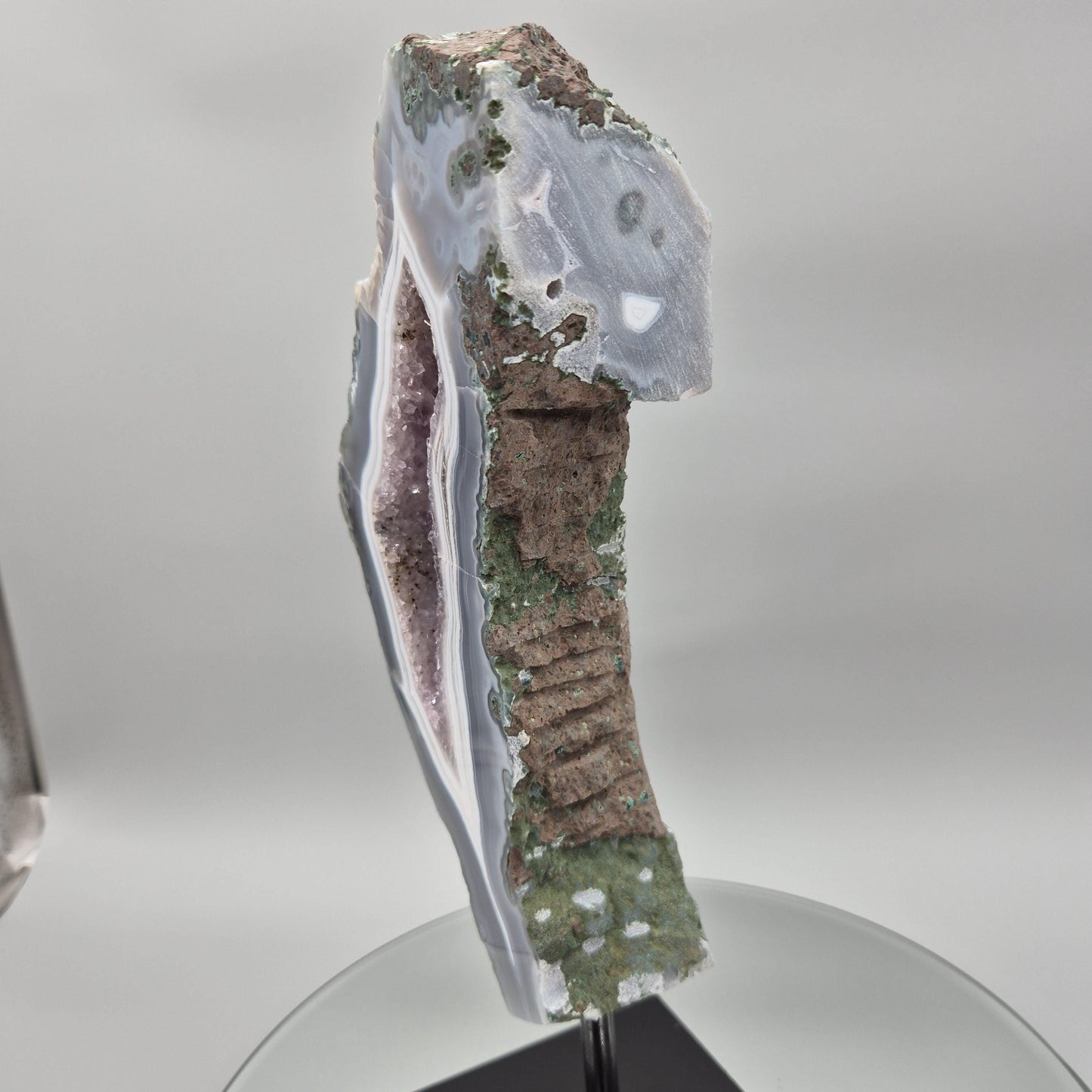 AAA+ Amethyst with Blue Banded Agate on Stand - Brazilian Amethyst Specimen with Natural Window - 13in Tall Crystal Display - 4.85 lbs Crystal Hoarder