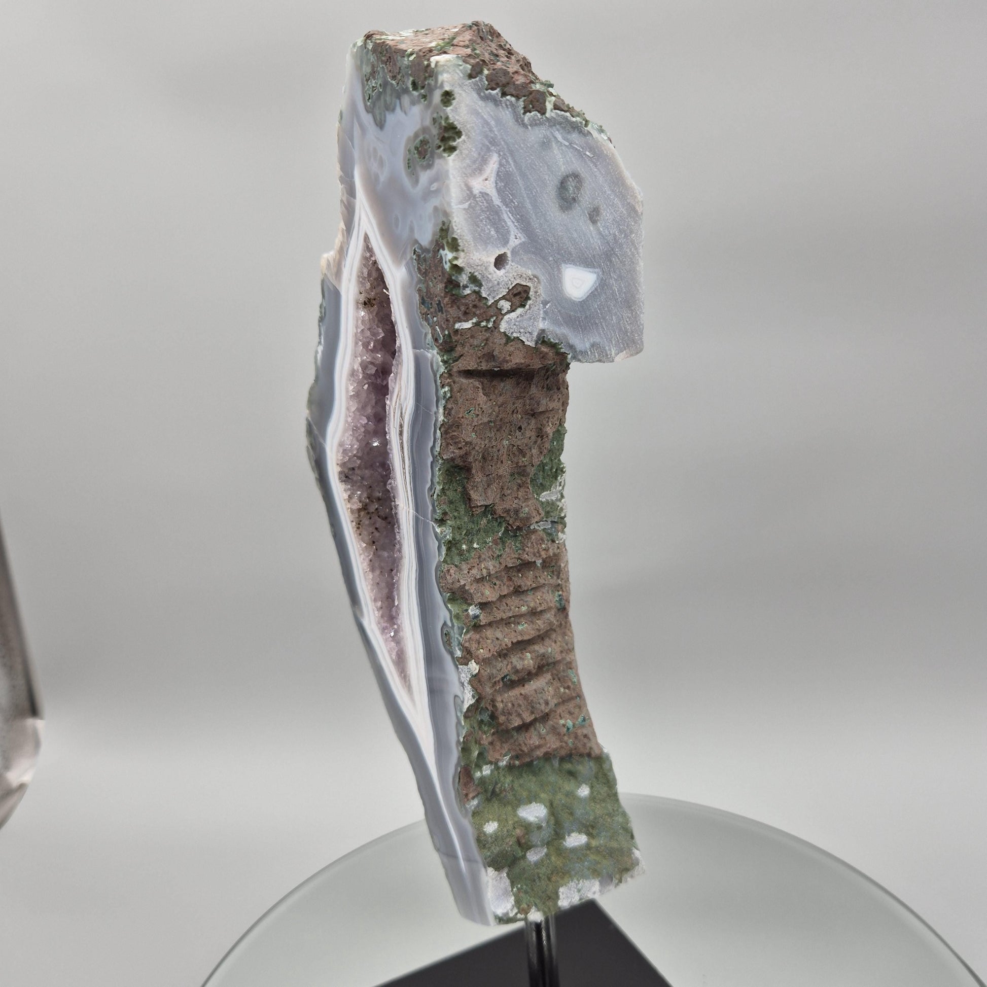 AAA+ Amethyst with Blue Banded Agate on Stand - Brazilian Amethyst Specimen with Natural Window - 13in Tall Crystal Display - 4.85 lbs Crystal Hoarder