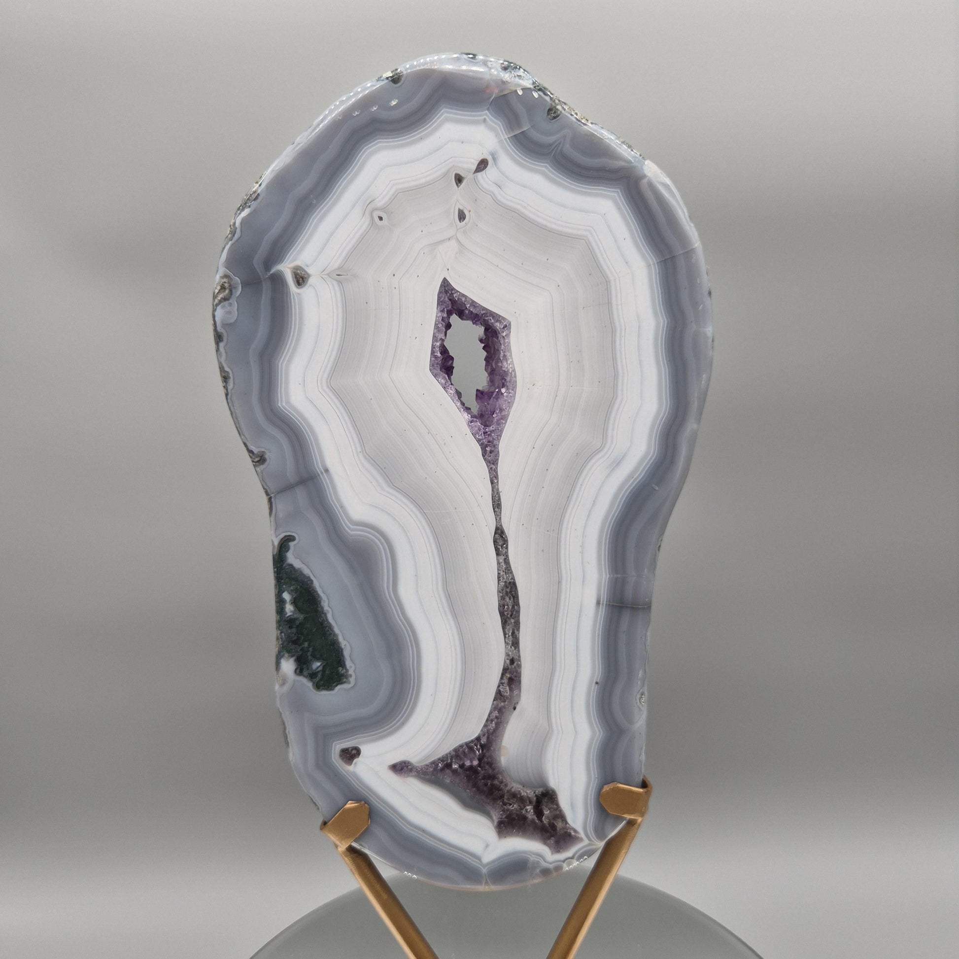 Fully Polished Druzy Amethyst with Blue Banded Agate  - Brazilian Crystal Display - 17in Statement Specimen - 8.18 lbs Crystal Hoarder