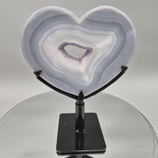 AAA+ Druzy Amethyst with Blue Banded Agate on Stand - Brazilian Amethyst Specimen - Perfect Framed Crystal Center Crystal Hoarder