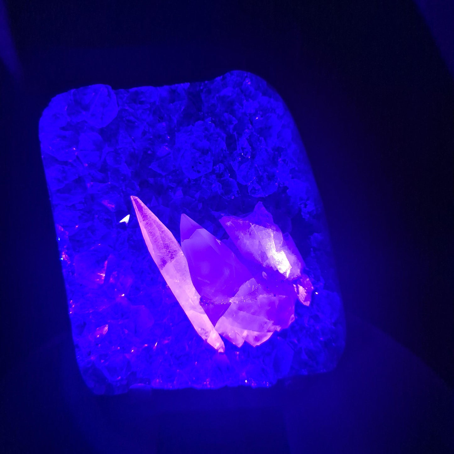 Super Rare Amethyst with Double-Terminated Transparent & Sugar Calcite | 7.5 x 4.5in | 2 lb Free-Form Crystal on Stand | UV Reactive Crystal Hoarder
