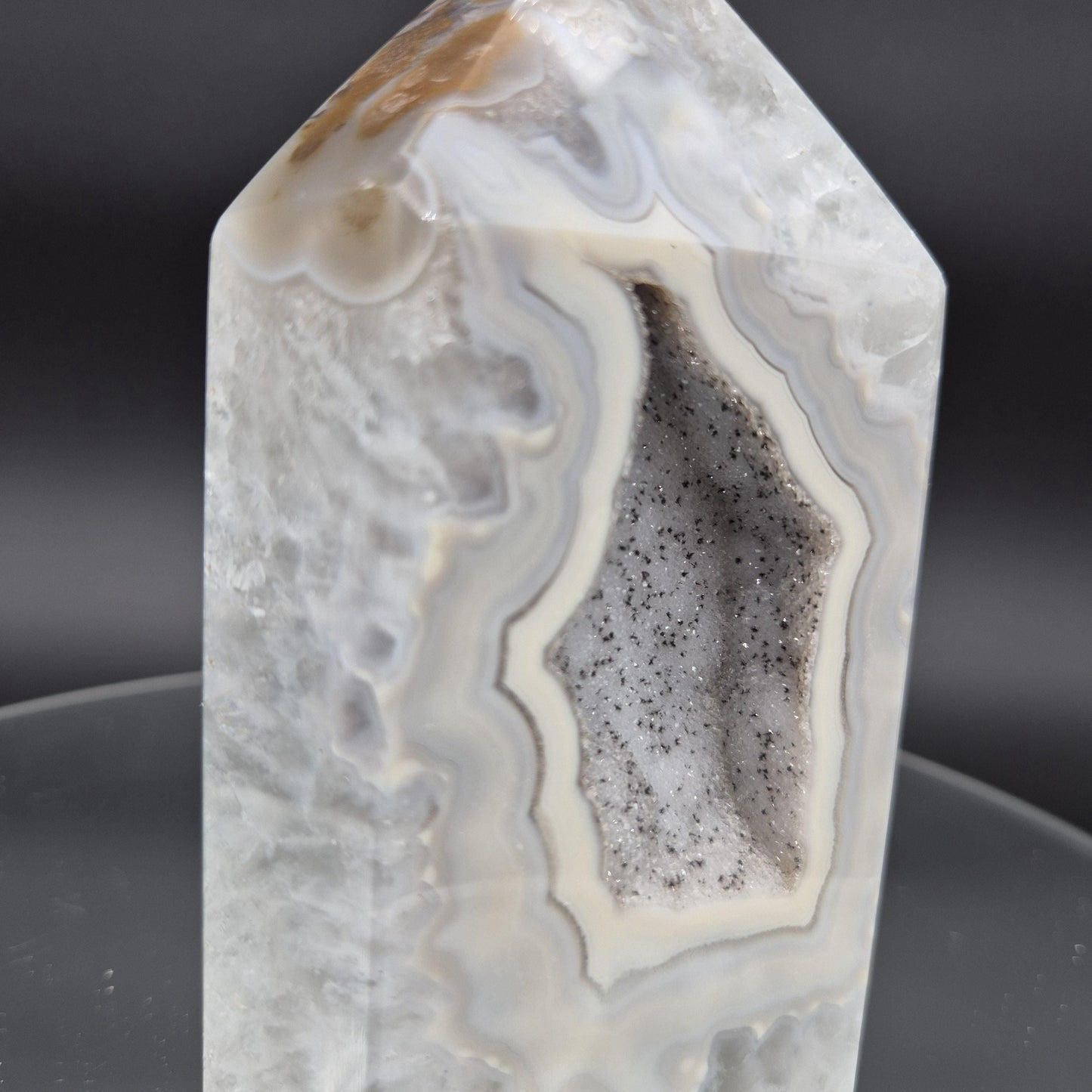 AAA+ Banded Agate Tower with Druzy Black Hematite & Quartz - 6 x 3.25in, 2.62 lbs - Brazilian Crystal, Healing Decor Crystal Hoarder