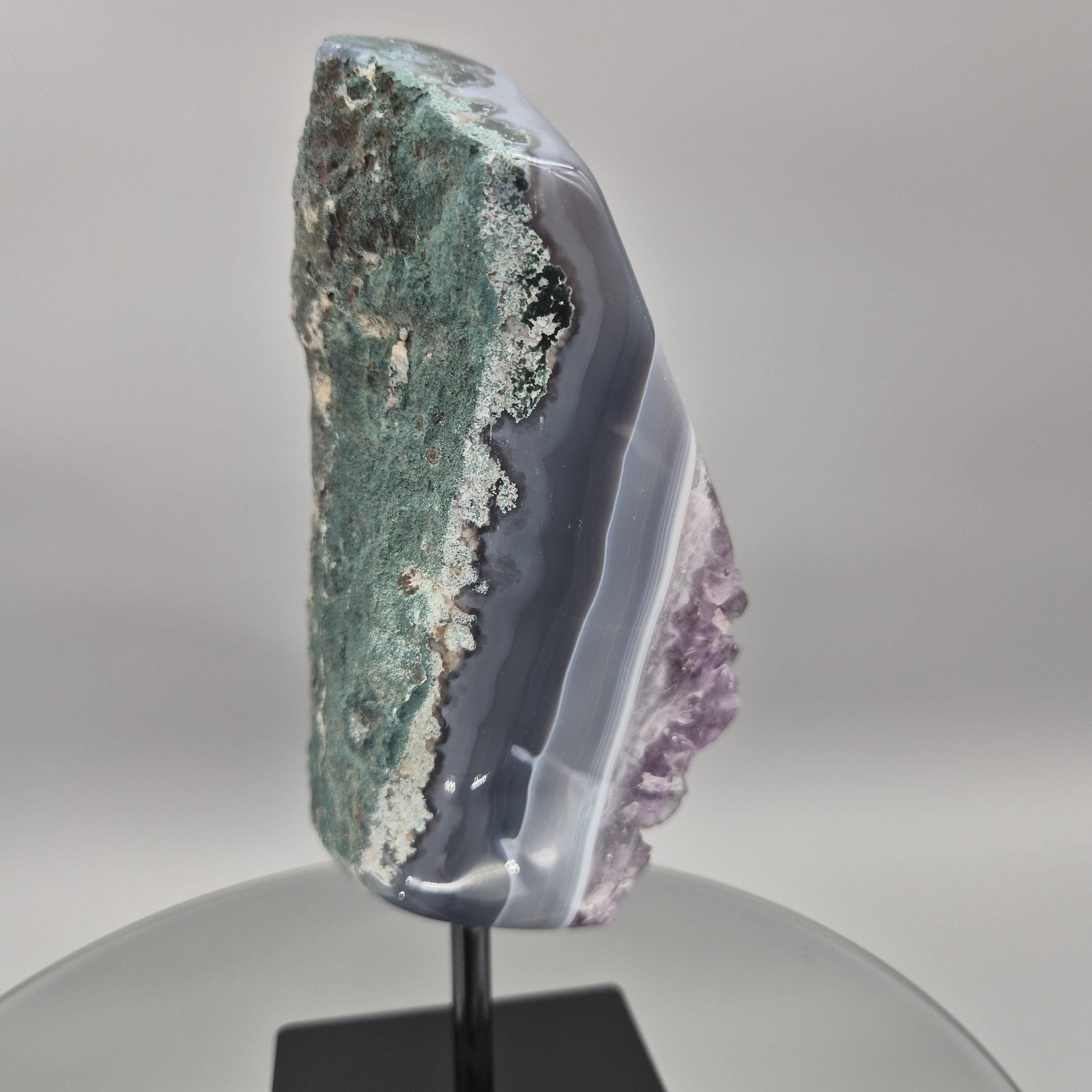 AAA+ Dark Amethyst with Blue Banded Agate - 10 x 5in, 7 lbs - Crystal on Stand, Brazil Crystal Hoarder