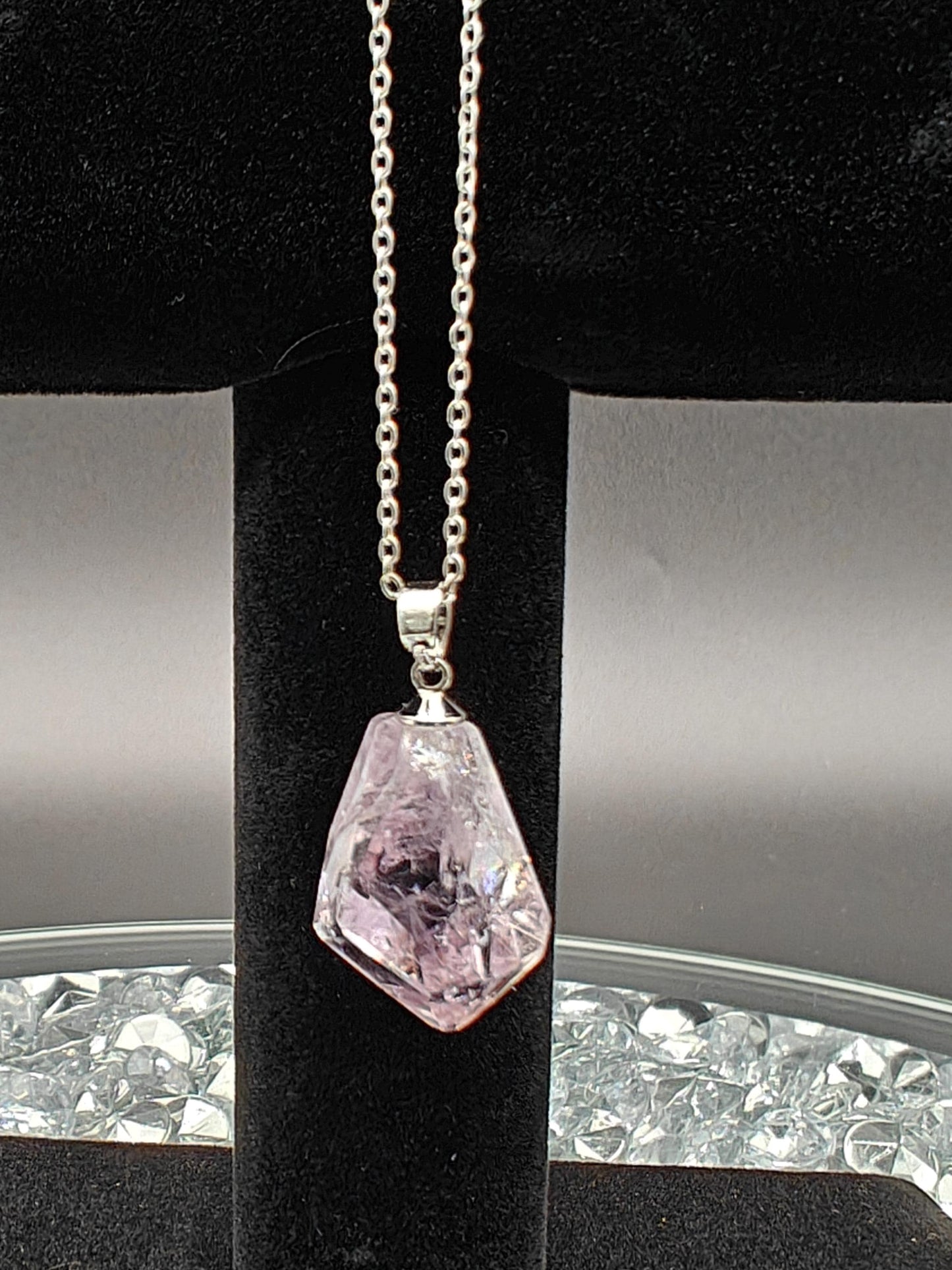 Rose de France Amethyst Necklace - Brazil Amethyst Pendant on Anti-Tarnish Stainless Steel Chain  - 9in Chain Crystal Hoarder