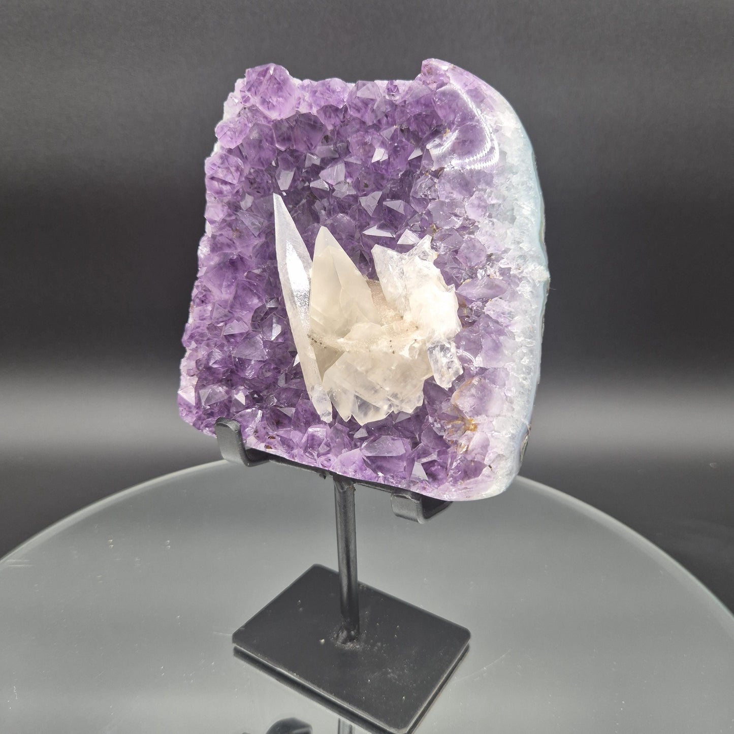Super Rare Amethyst with Double-Terminated Transparent & Sugar Calcite | 7.5 x 4.5in | 2 lb Free-Form Crystal on Stand | UV Reactive Crystal Hoarder