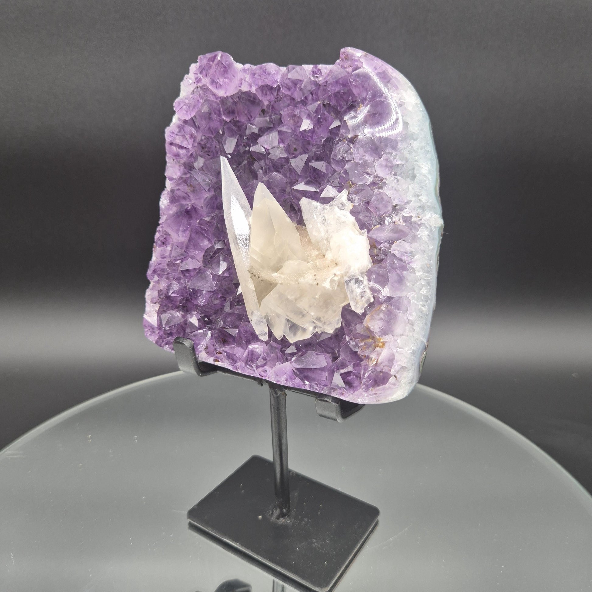 Super Rare Amethyst with Double-Terminated Transparent & Sugar Calcite | 7.5 x 4.5in | 2 lb Free-Form Crystal on Stand | UV Reactive Crystal Hoarder