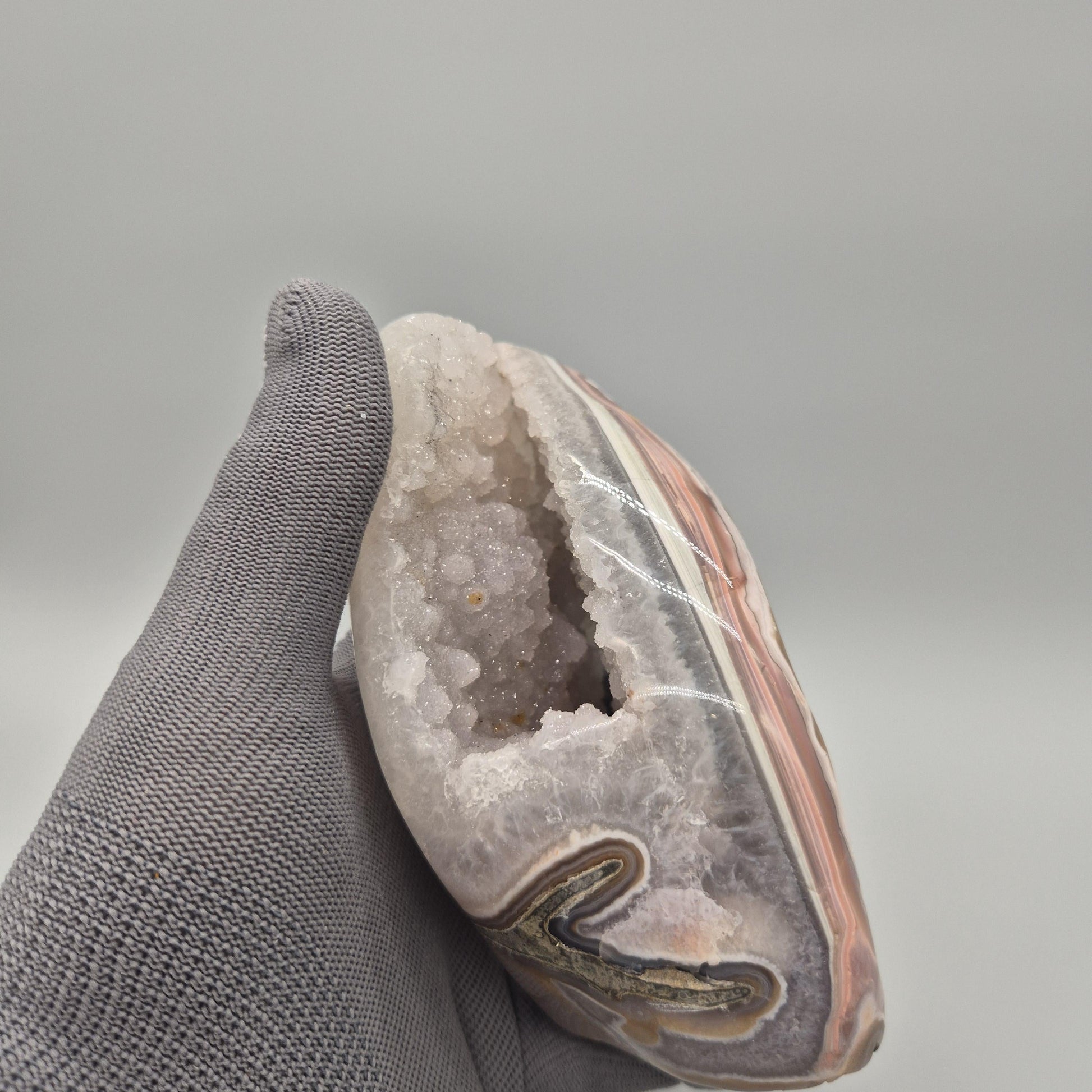 Super Rare Sugar Druzy Amethyst Cave with Pink Agate Banding | Fully Polished Freeform | One of a Kind Collector Crystal | 2.08 lbs Crystal Hoarder
