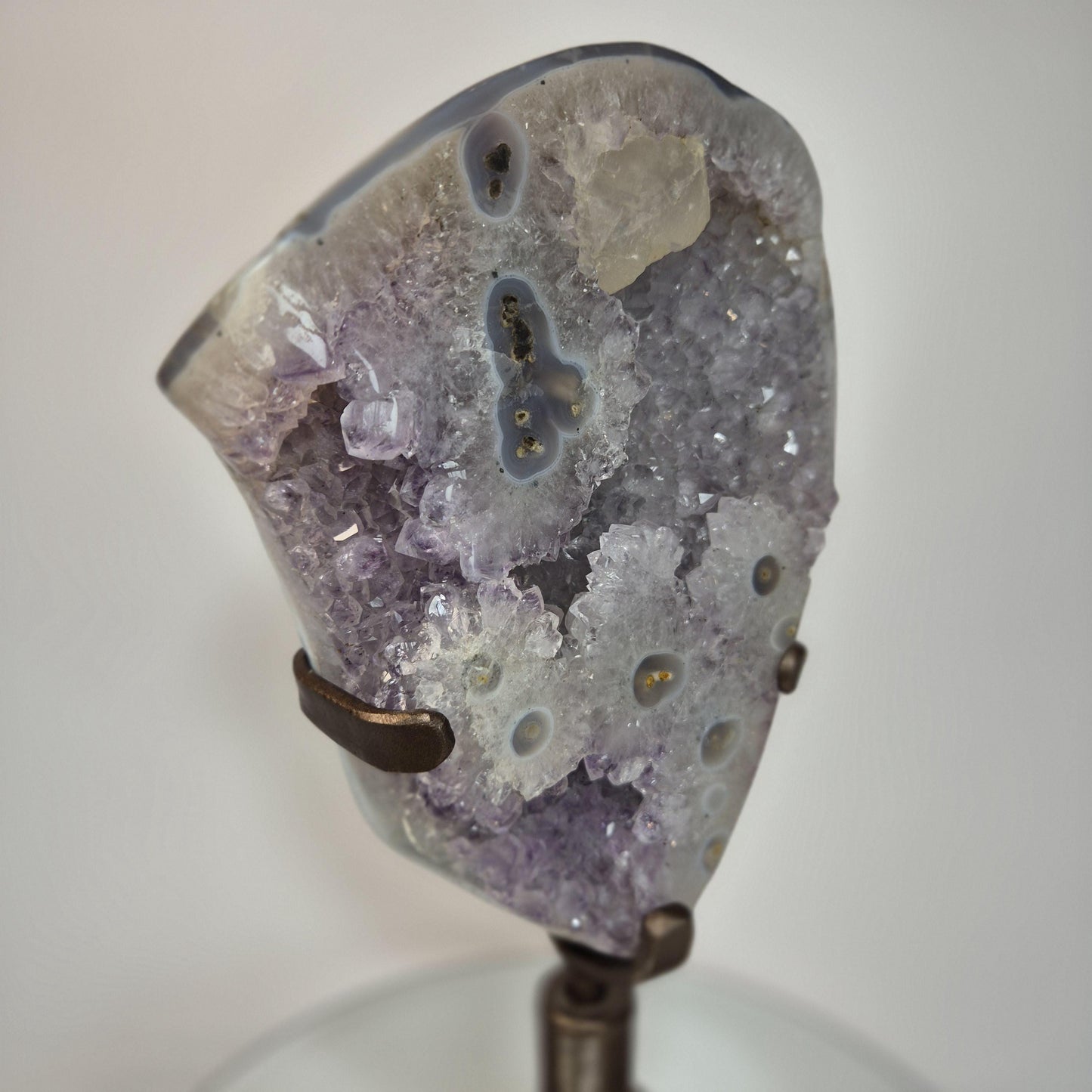 AAA+ Uruguay Amethyst with Stalactite Eyes, Large Calcite & Blue Banded Agate on Base - 13.5in Tall, 5.53 lb Statement Collector Specimen Crystal Hoarder
