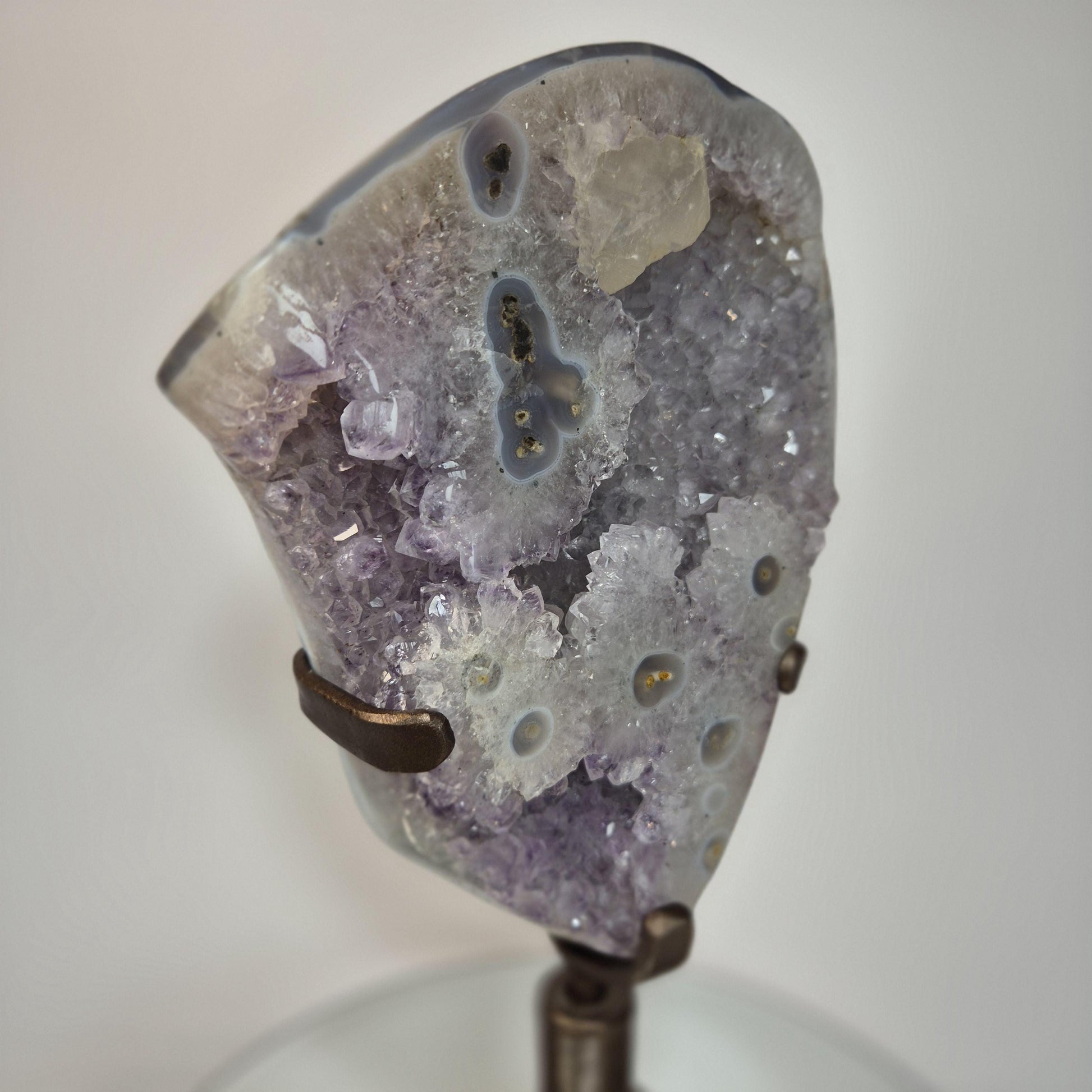 AAA+ Uruguay Amethyst with Stalactite Eyes, Large Calcite & Blue Banded Agate on Base - 13.5in Tall, 5.53 lb Statement Collector Specimen Crystal Hoarder