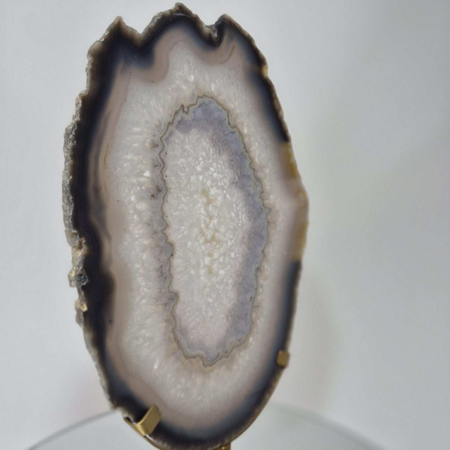 Clear Quartz Crystal with Banded Agate Slice on Stand, Translucent - Brazil Crystal Hoarder