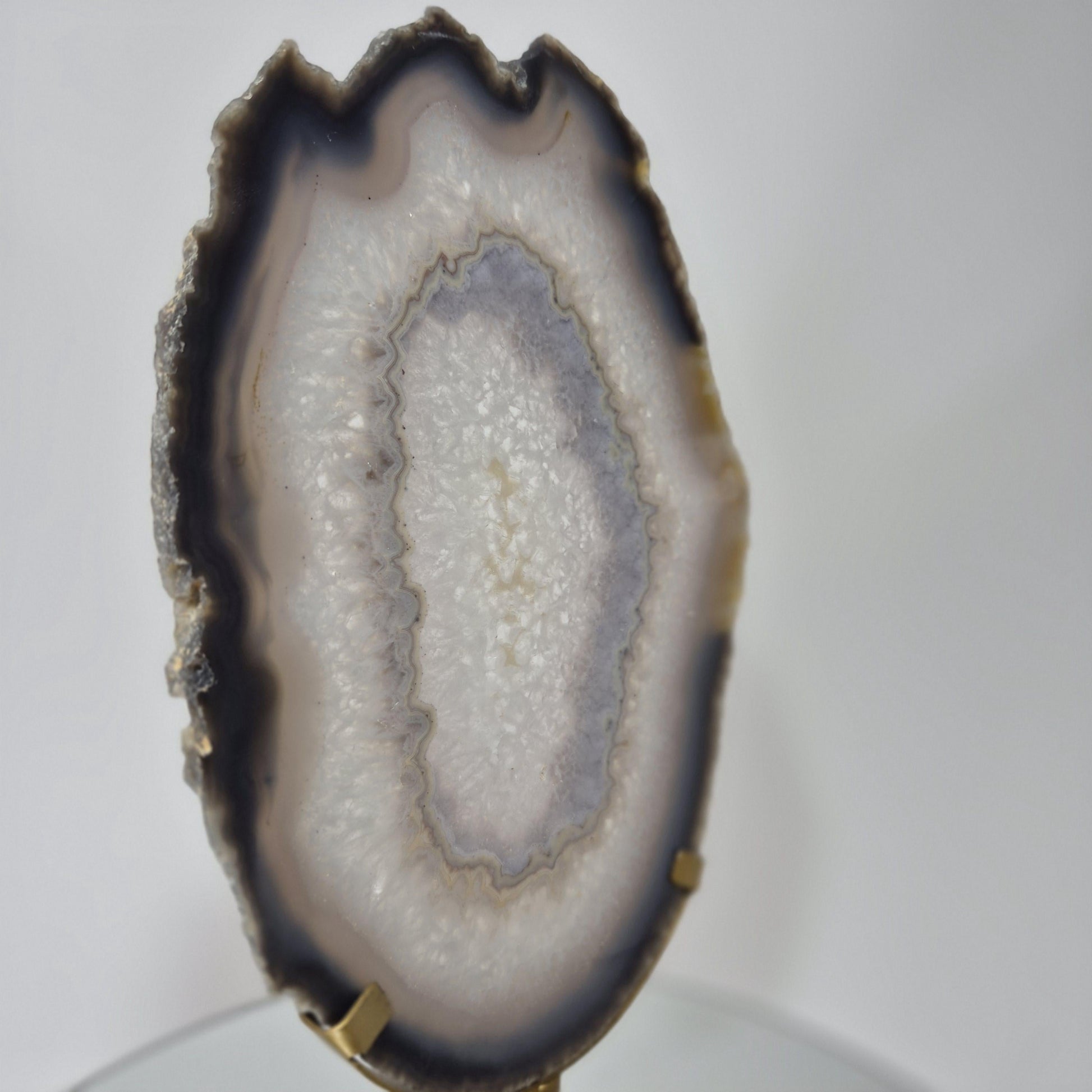 Clear Quartz Crystal with Banded Agate Slice on Stand, Translucent - Brazil Crystal Hoarder