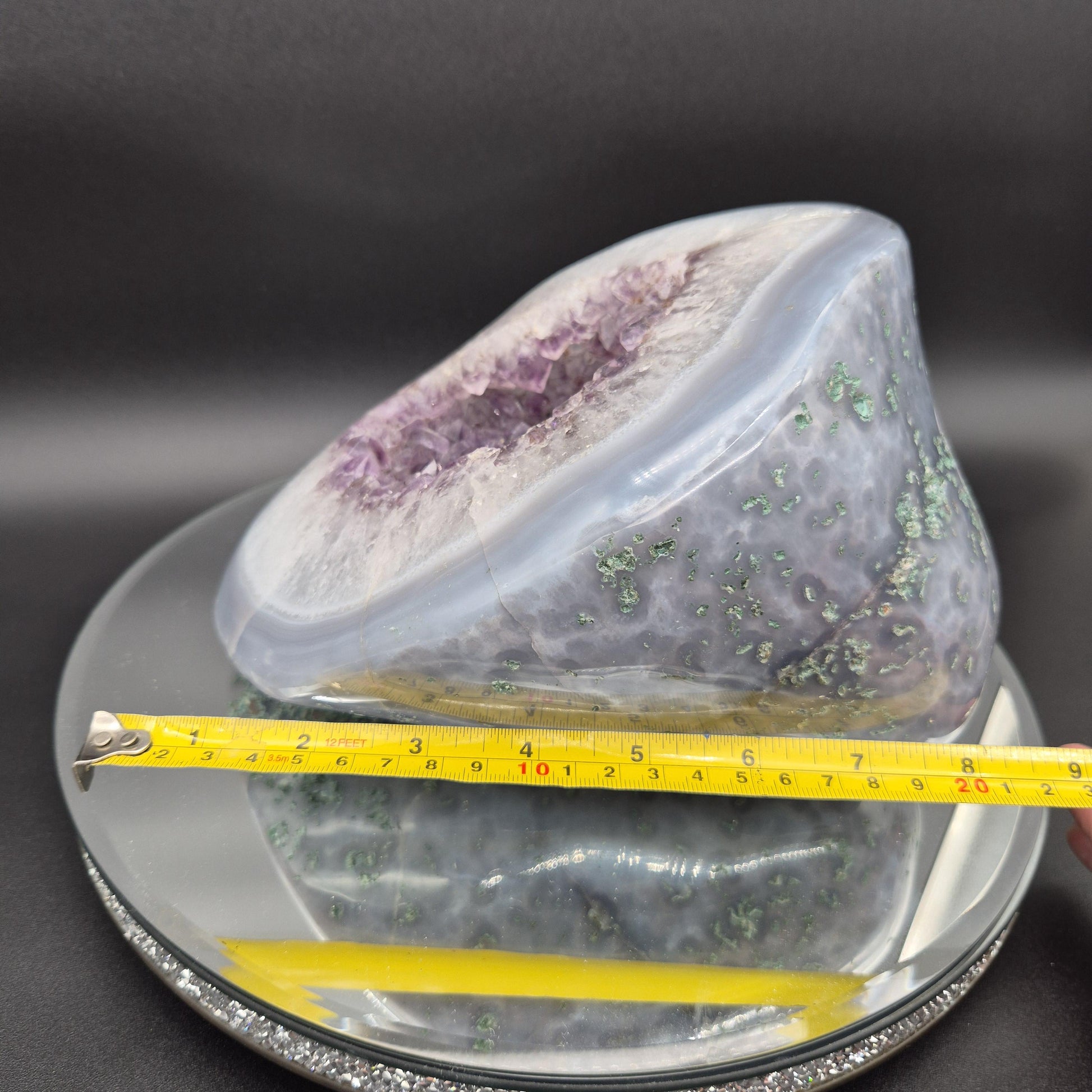 Fully Polished Amethyst with Blue Banded Agate Geode Head Hematite Calcite 12.41 lbs 9x9x7.5 Brazil Crystal Hoarder