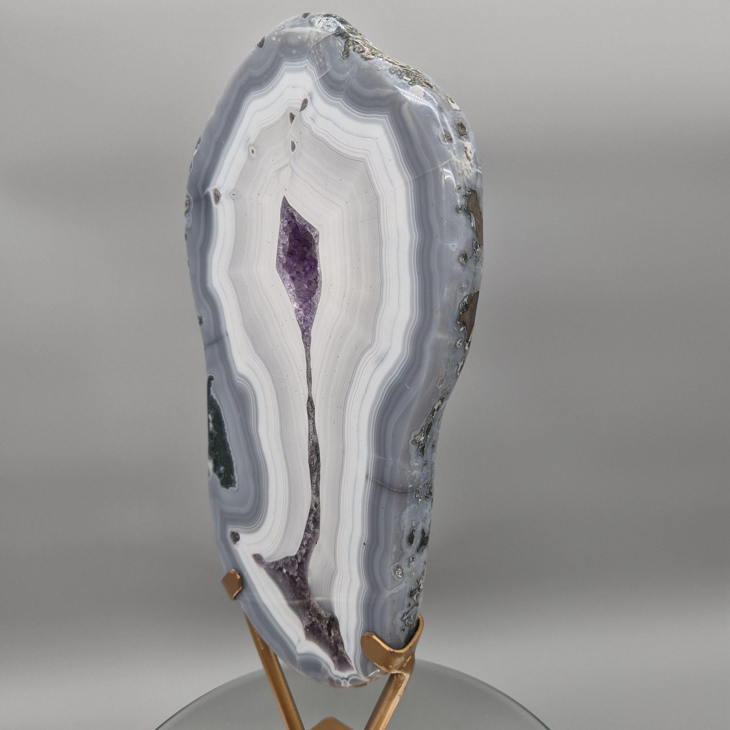 Fully Polished Druzy Amethyst with Blue Banded Agate  - Brazilian Crystal Display - 17in Statement Specimen - 8.18 lbs Crystal Hoarder
