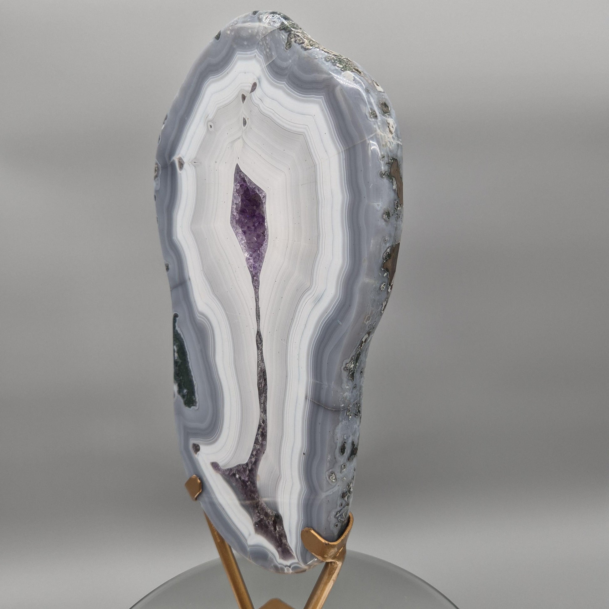 Fully Polished Druzy Amethyst with Blue Banded Agate  - Brazilian Crystal Display - 17in Statement Specimen - 8.18 lbs Crystal Hoarder