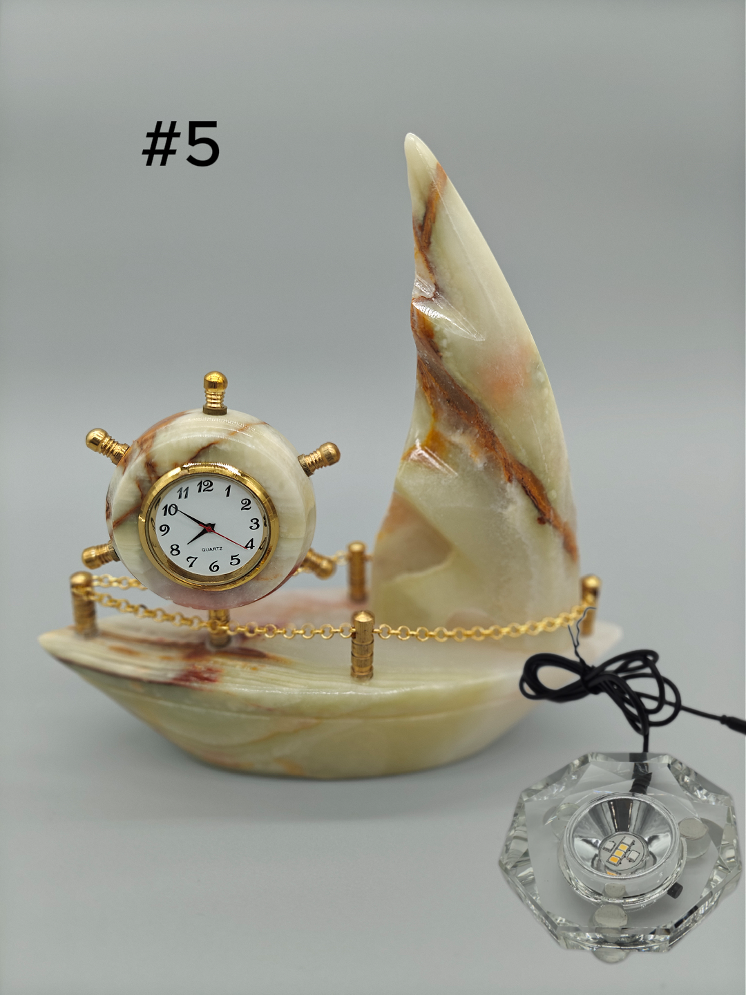 Onyx Sailboat Clock - Nautical Desk Decor, Luxury Crystal Timepiece with Optional light up base Crystal Hoarder