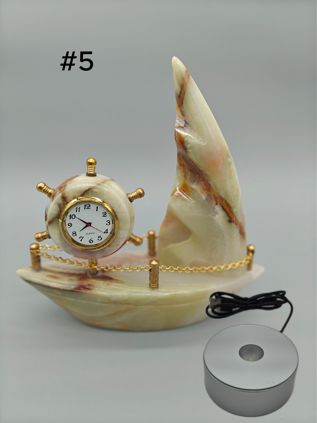 Onyx Sailboat Clock - Nautical Desk Decor, Luxury Crystal Timepiece with Optional light up base Crystal Hoarder