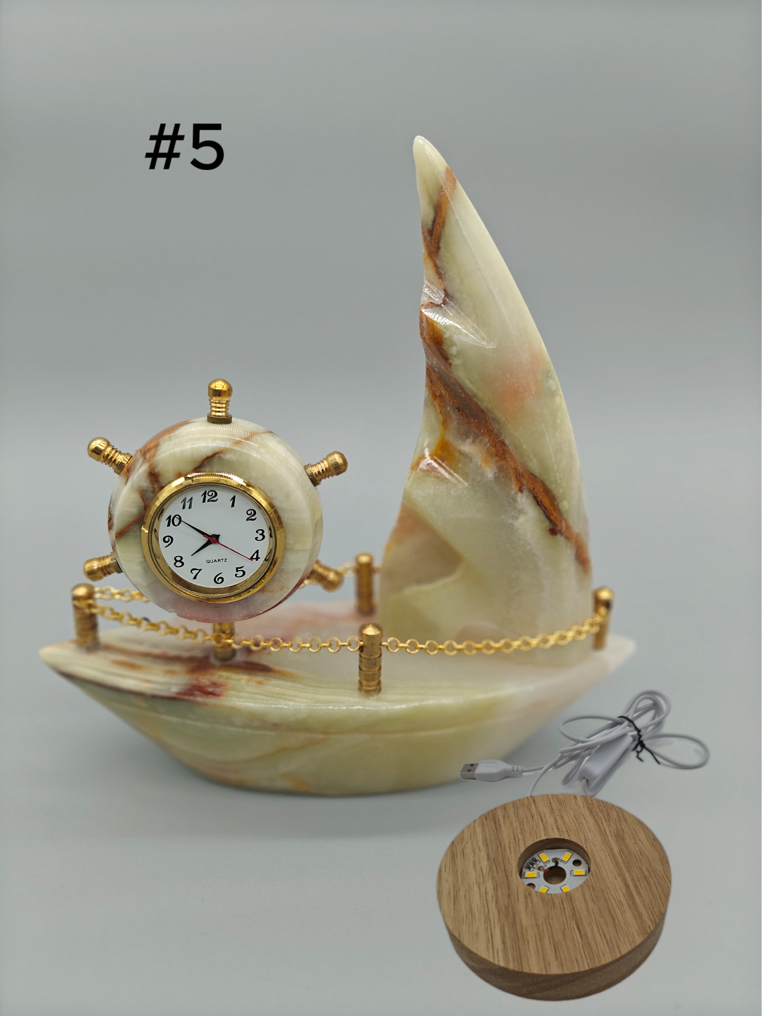 Onyx Sailboat Clock - Nautical Desk Decor, Luxury Crystal Timepiece with Optional light up base Crystal Hoarder