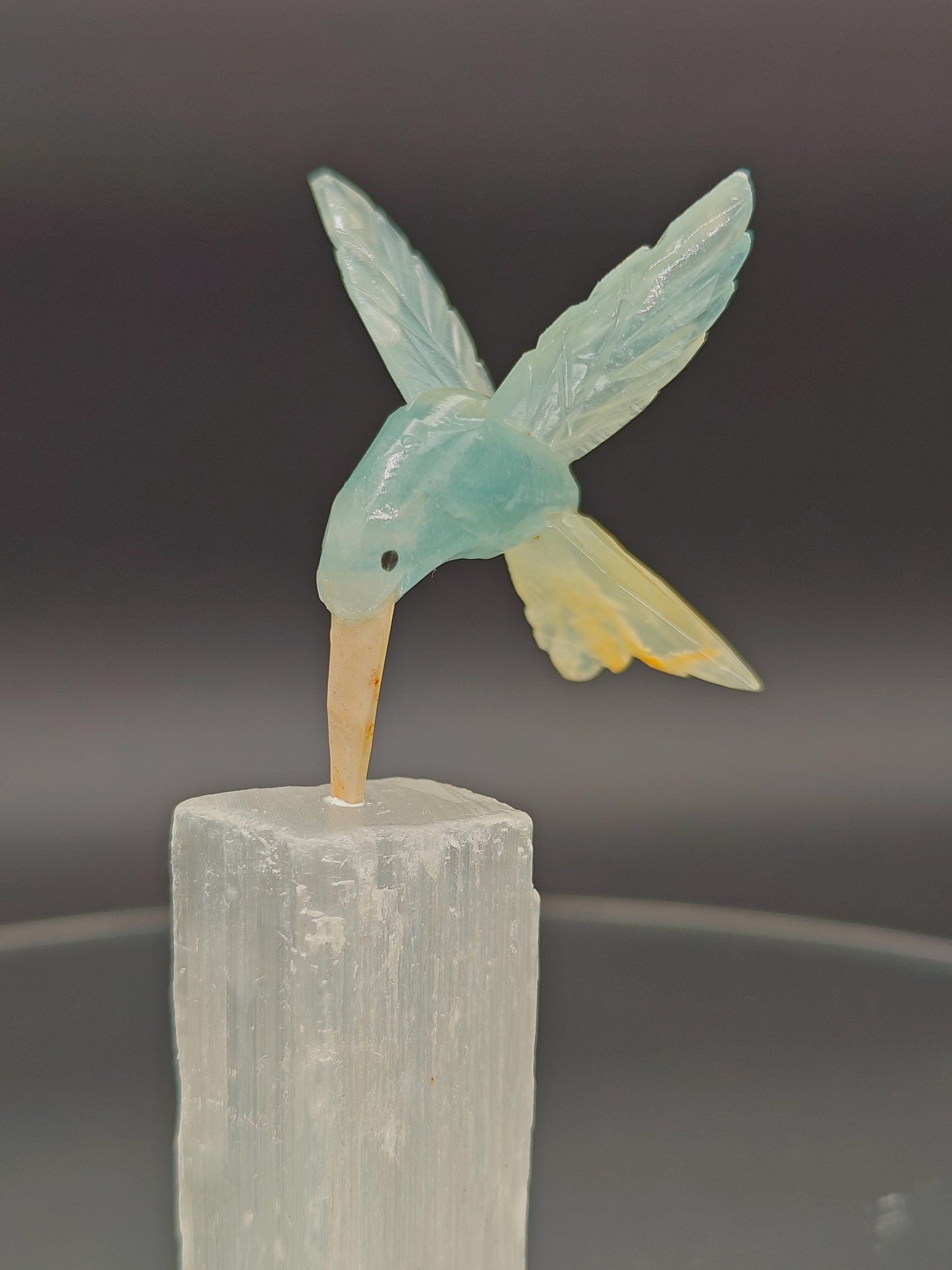 Blue Onyx Hummingbird on Satin Spar (Selenite Gypsum) - Hand Carved Brazil, 4 oz, 4 x 1in Crystal Hoarder