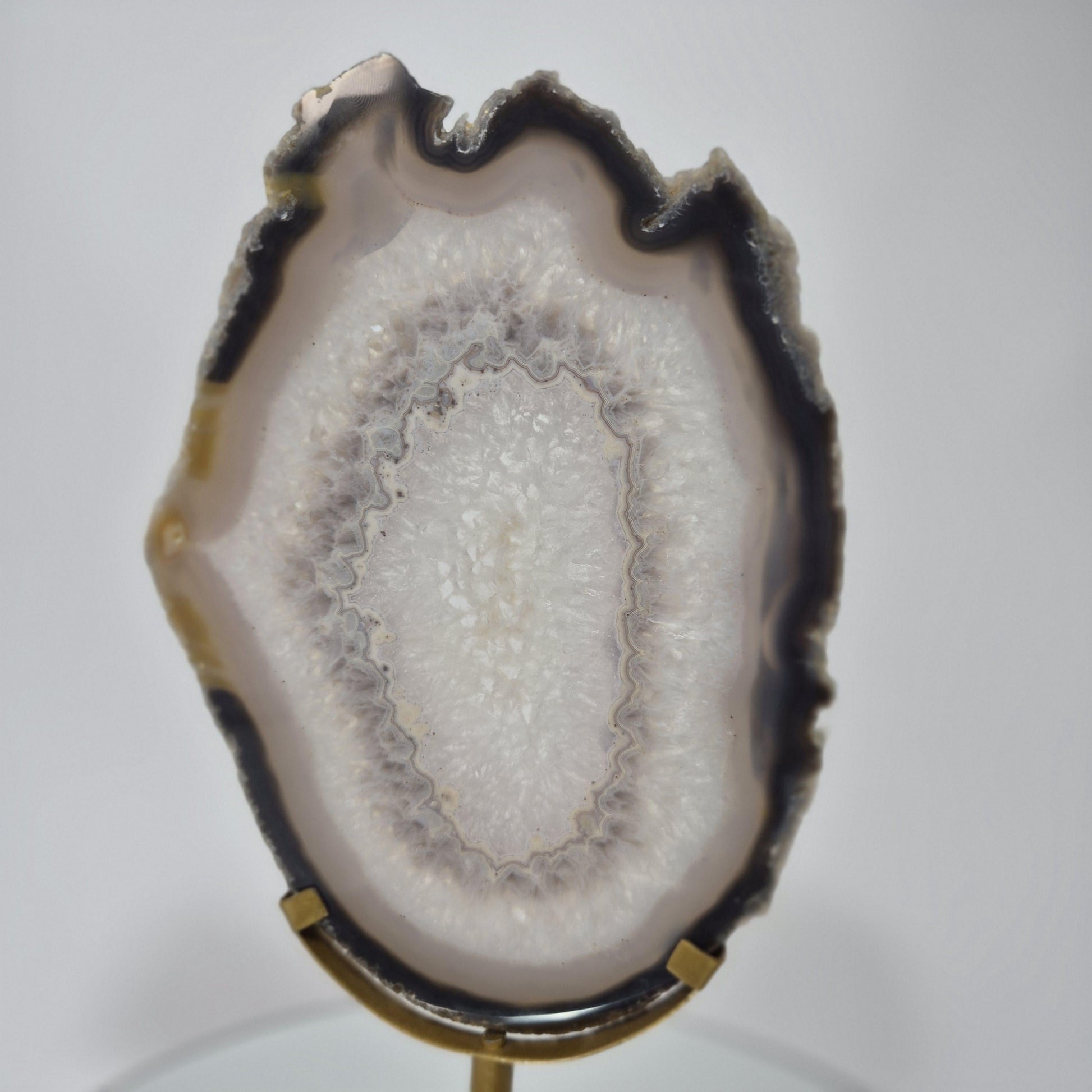 Clear Quartz Crystal with Banded Agate Slice on Stand, Translucent - Brazil Crystal Hoarder