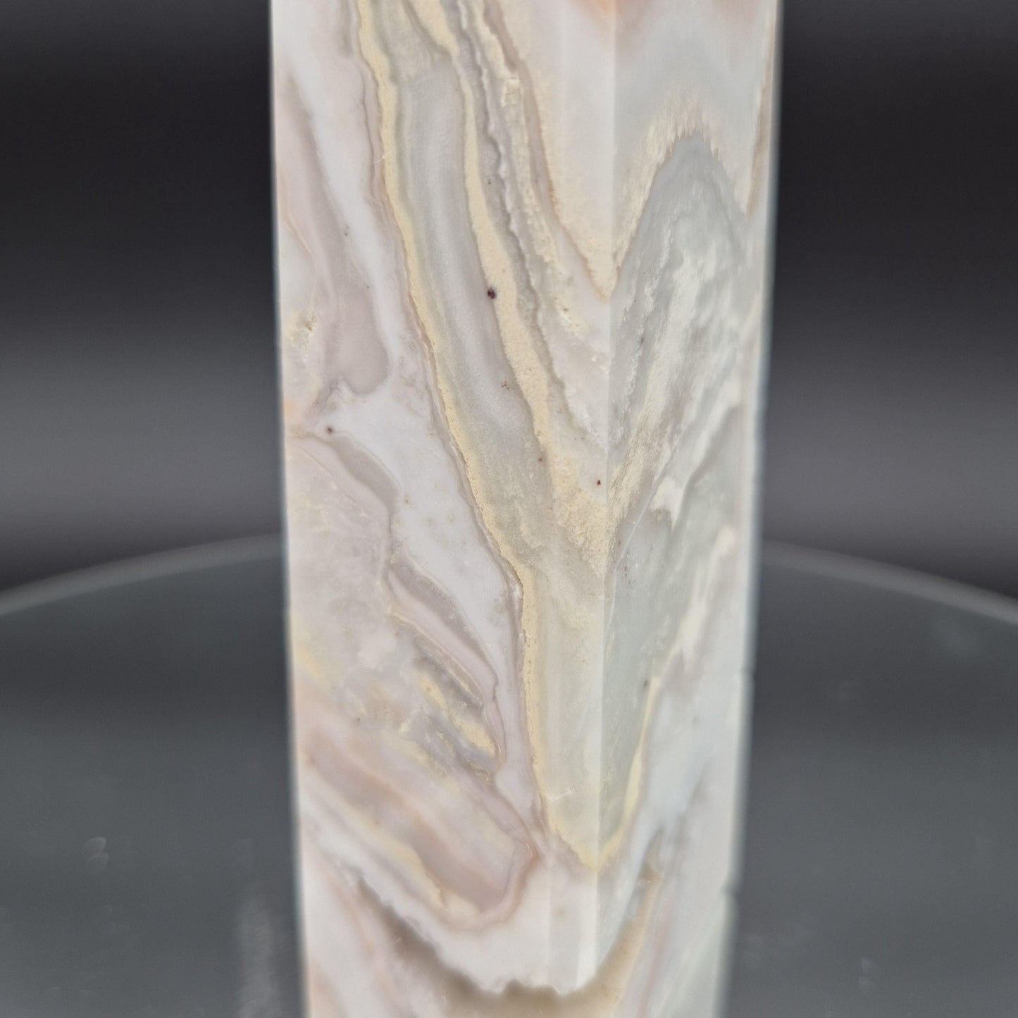 AAA+ Light Pink Crazy Lace Agate Tower with Druzy - 8 x 2in, 1.33 lbs - Natural Crystal Display, Collector Specimen Crystal Hoarder