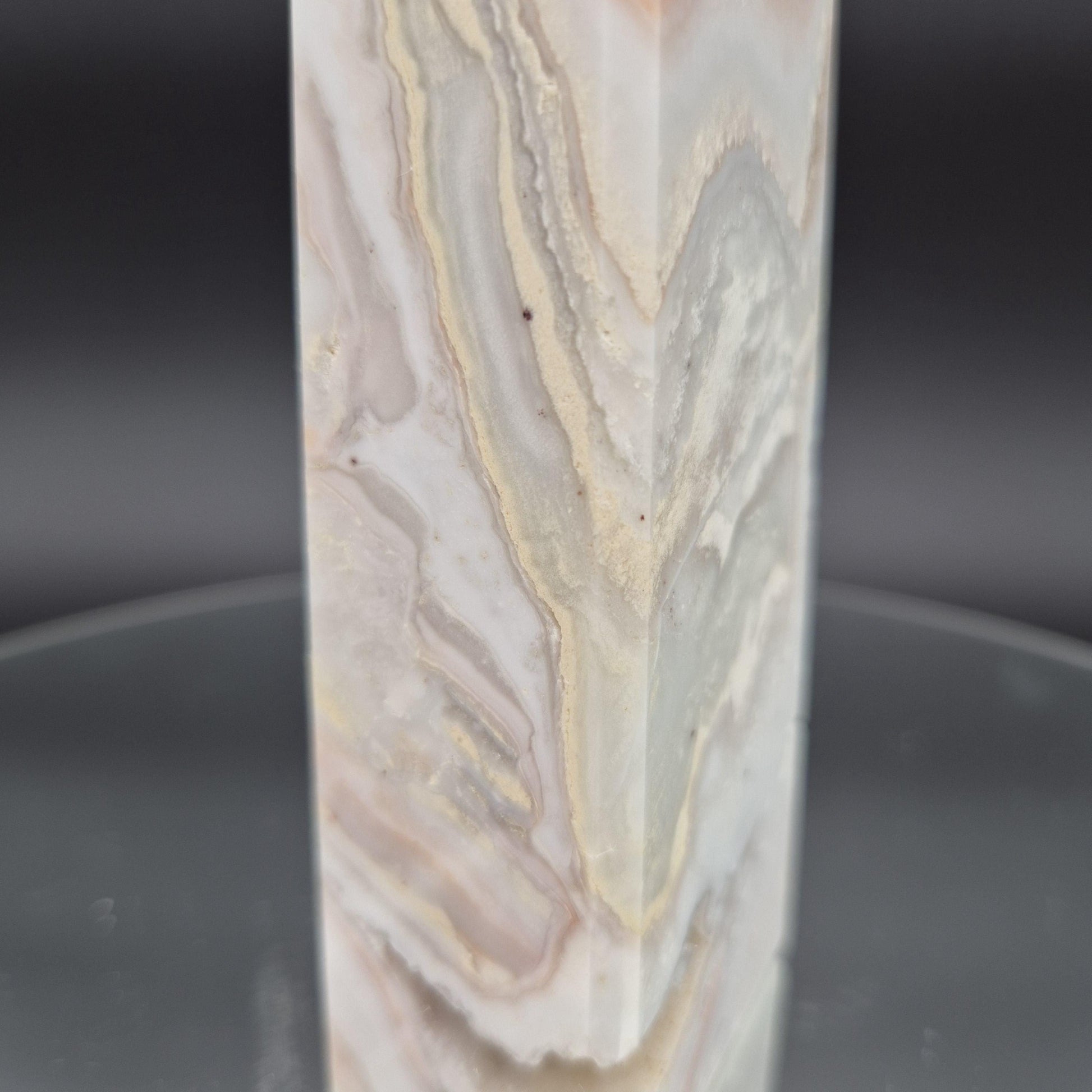 AAA+ Light Pink Crazy Lace Agate Tower with Druzy - 8 x 2in, 1.33 lbs - Natural Crystal Display, Collector Specimen Crystal Hoarder