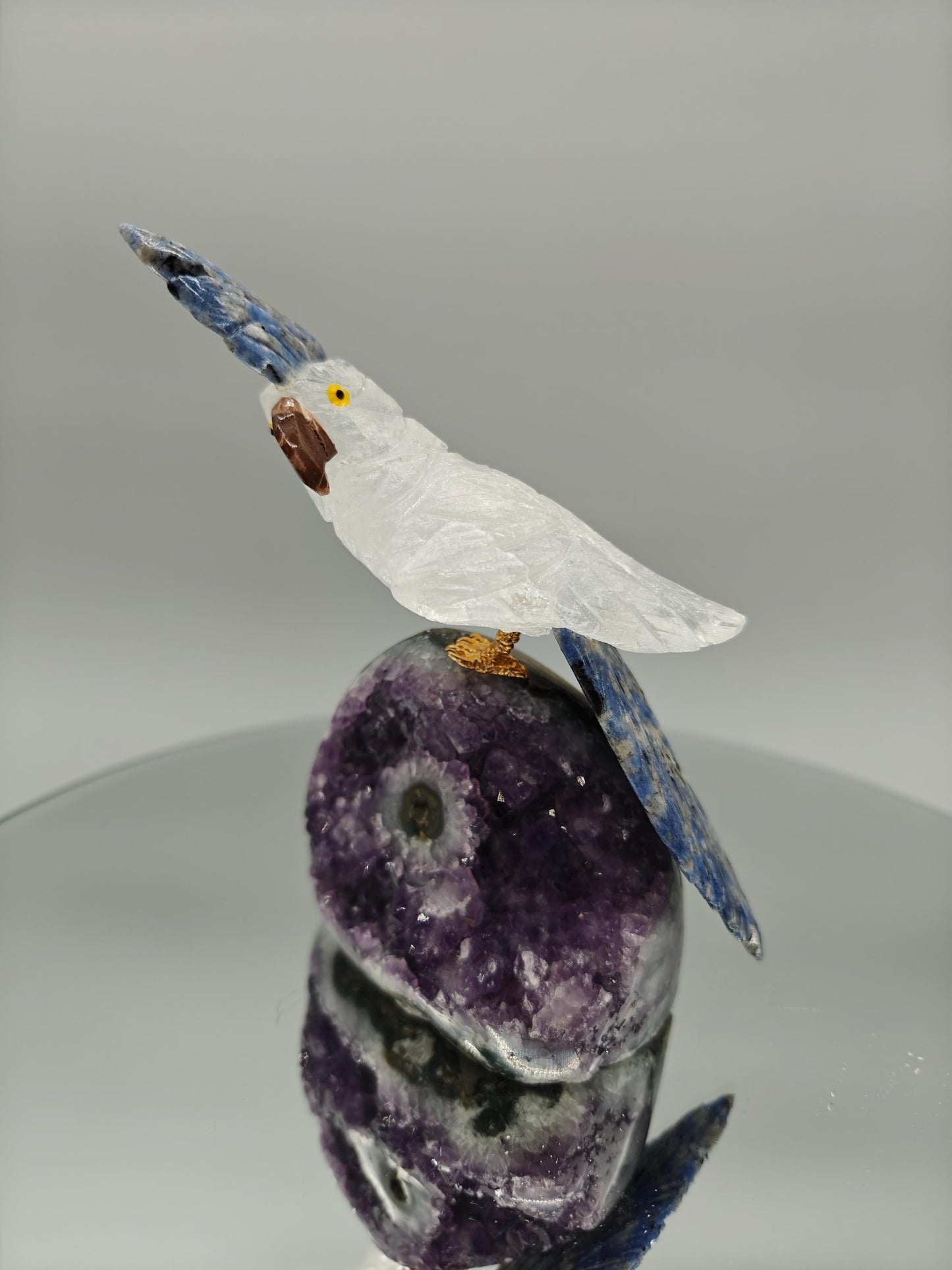 Hand Carved Clear Quartz Bird on Amethyst Base with Stalactite Eye | Sodalite & Jasper Inlay Crystal Hoarder