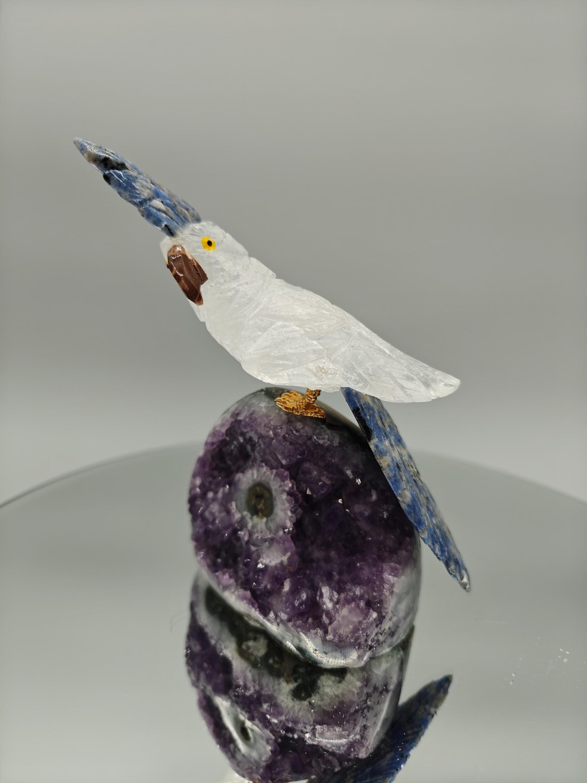 Hand Carved Clear Quartz Bird on Amethyst Base with Stalactite Eye | Sodalite & Jasper Inlay Crystal Hoarder