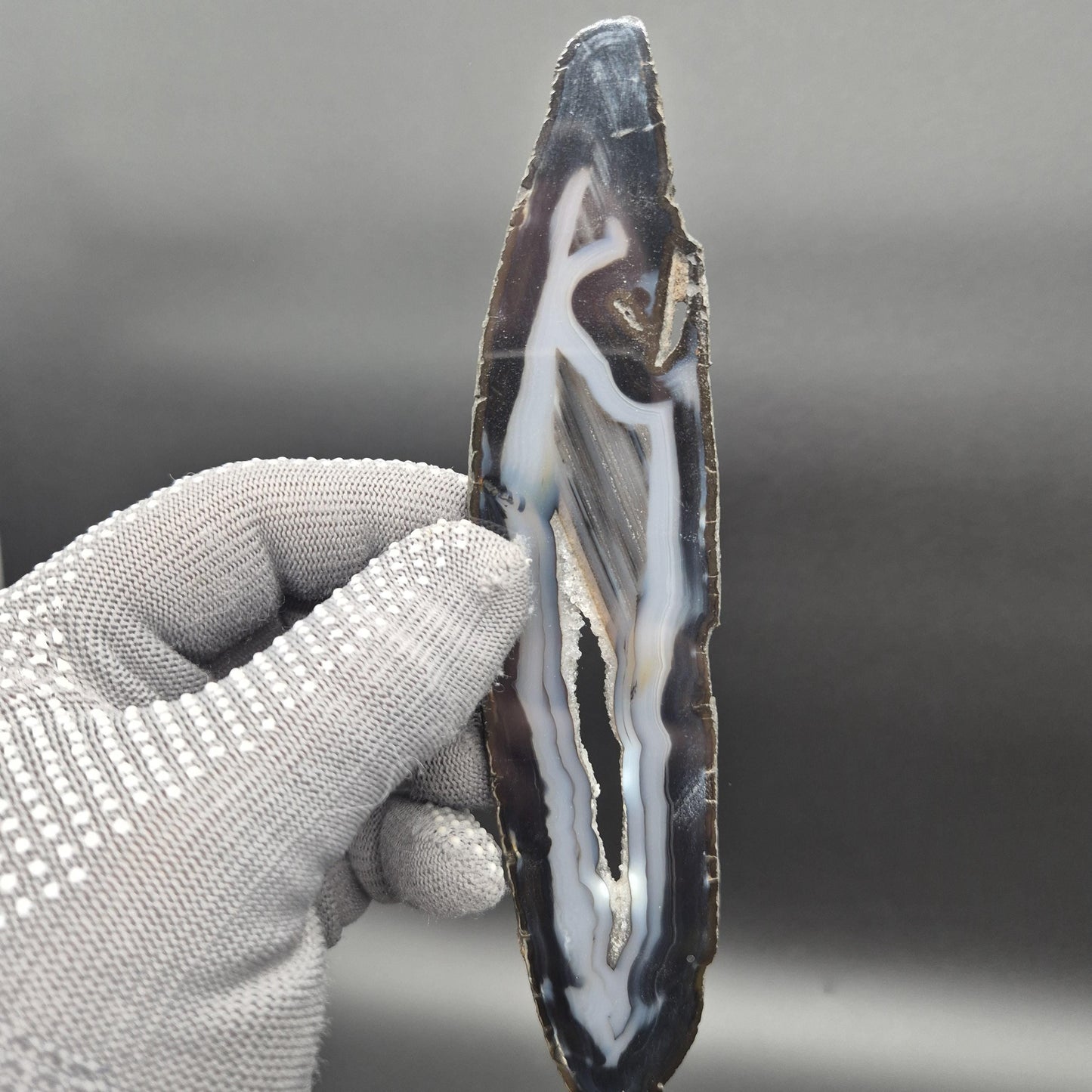 AAA+ Black Banded Agate Slices with Water Clear Druzy - Brazil | Set of 4 | 7in x 2in | 0.64 lbs Rare Crystal Hoarder