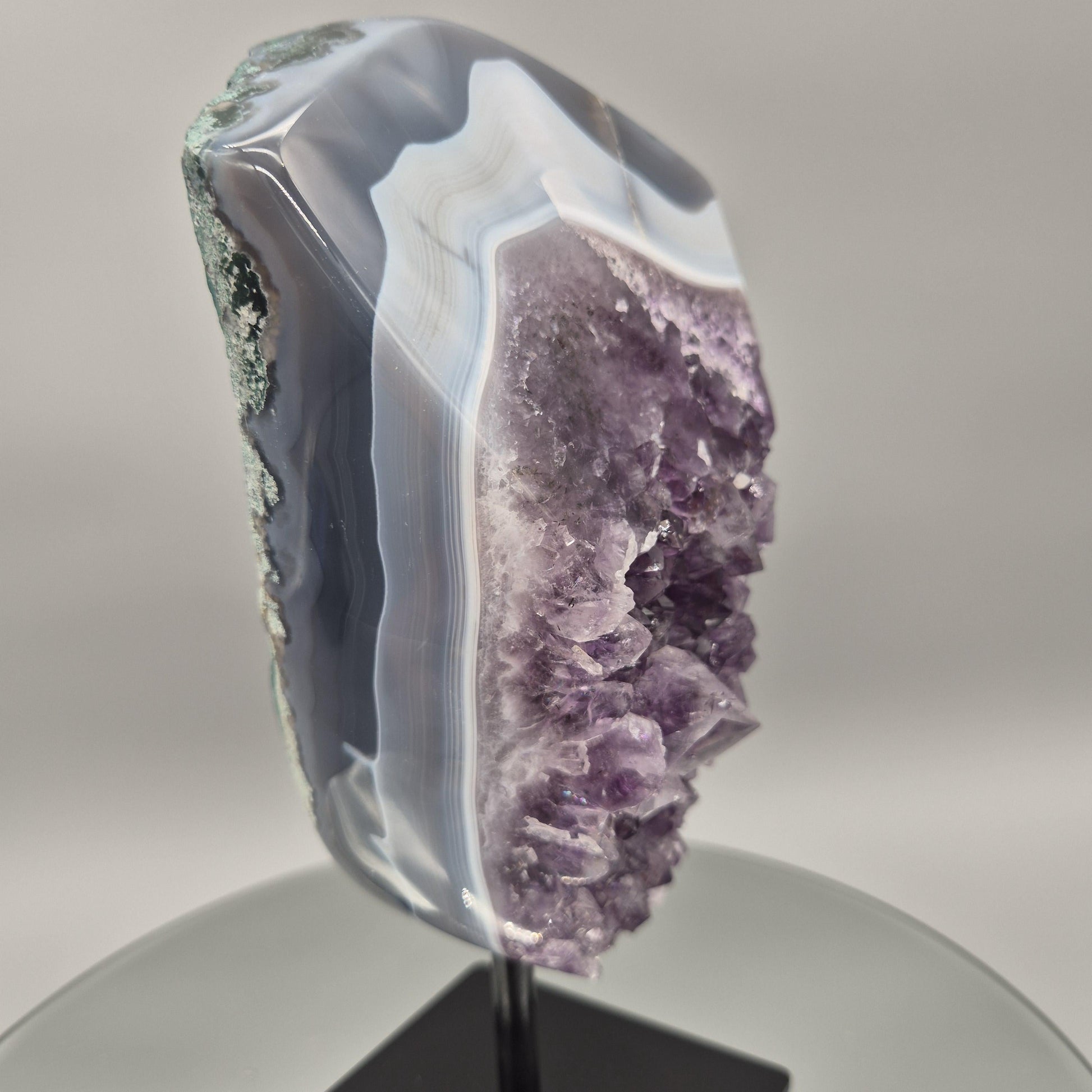 AAA+ Dark Amethyst with Blue Banded Agate - 10 x 5in, 7 lbs - Crystal on Stand, Brazil Crystal Hoarder