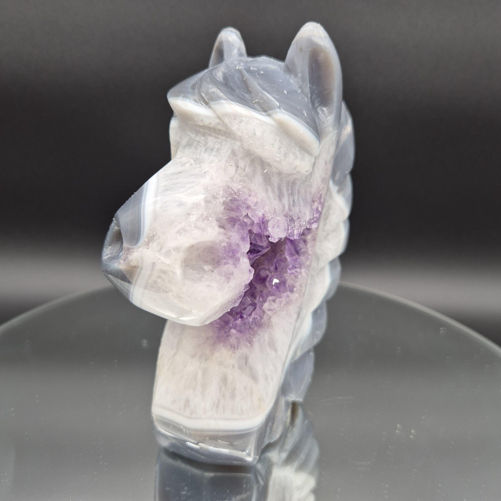 AAA+ Amethyst with Blue Banded Agate Hand-Carved Horse - Brazil - 6 x 5in - 3.35 lbs - Collector Display Crystal Hoarder