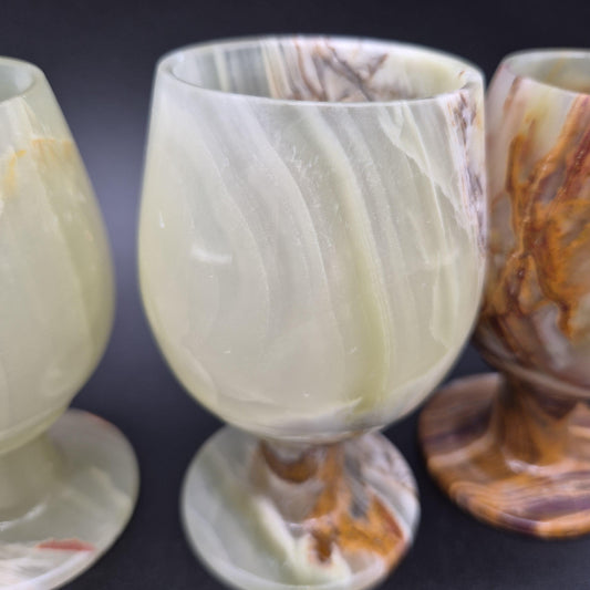 Set of 4 Green Onyx Sherry Glasses | Hand Carved Stone Goblets | Natural Banded Onyx Drinkware | Vintage Barware Decor | 5x2.5 Inches Crystal Hoarder