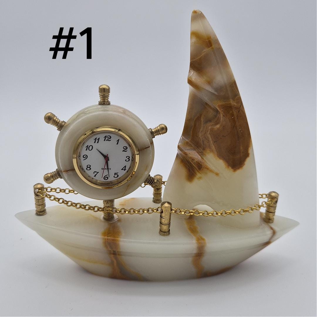 Onyx Sailboat Clock - Nautical Desk Decor - Luxury Crystal Clock - Optional Light-Up Base Crystal Hoarder