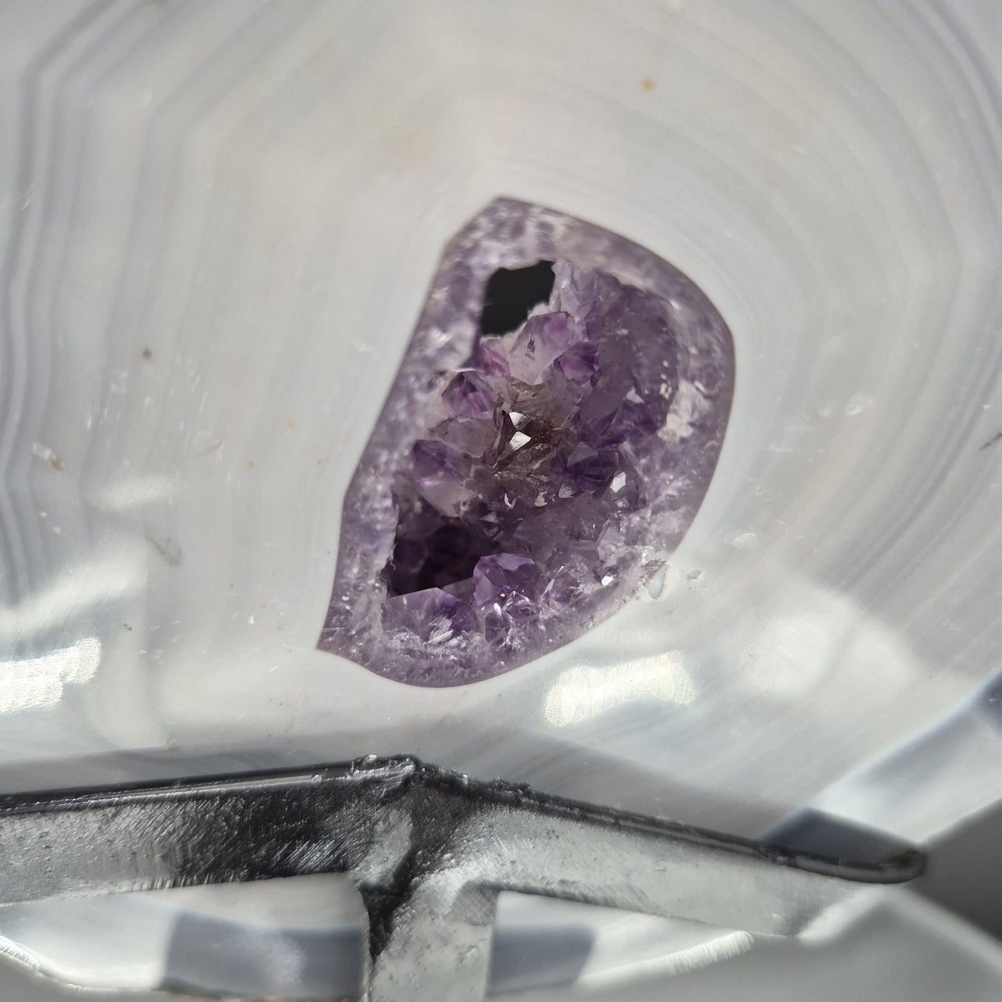 AAA+ Blue Banded Agate with Amethyst on Stand | Brazil Crystal Display | 9 Inch Tall | 2.89 lbs Crystal Hoarder