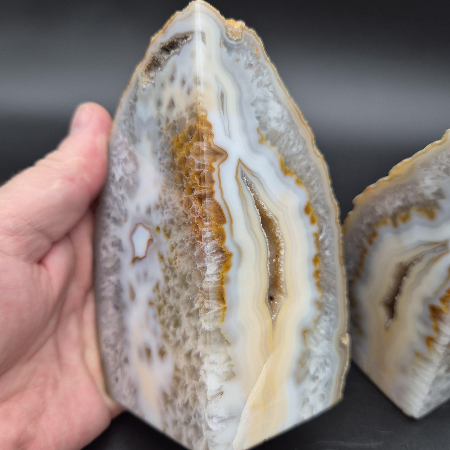 AAA+ Druzy Quartz Blue & Tan Banded Agate Double-Sided Geode Bookends - Brazilian Crystal Decor - 3.91 lbs Crystal Hoarder
