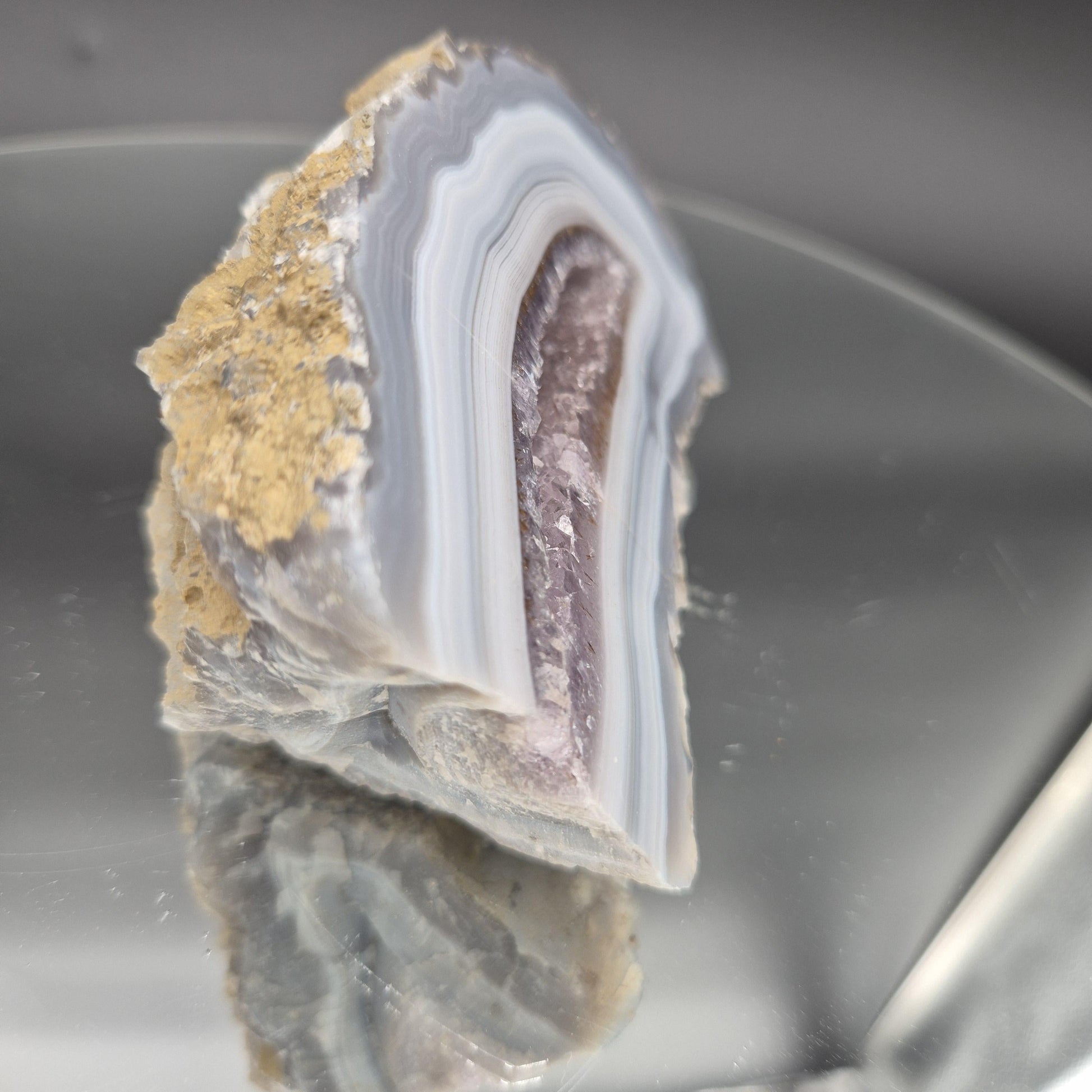 AAA+ Amethyst with Blue Banded Agate Cut Base | Brazilian Amethyst Crystal Cluster | 1.03 lbs Crystal Hoarder