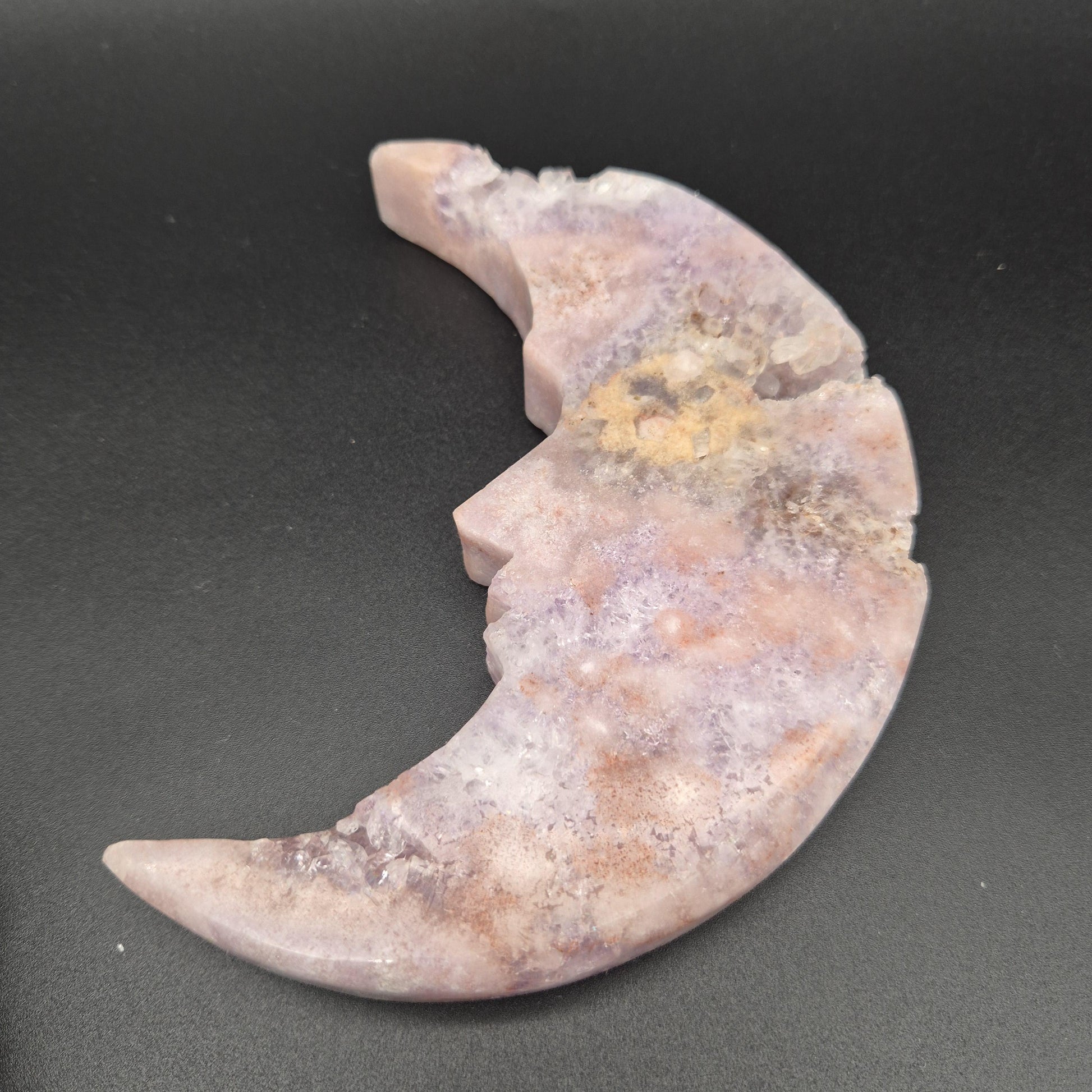 AAA+ Druzy Pink Amethyst Crescent Moon Face Carving | Brazilian Crystal Display | .95 lbs Crystal Hoarder