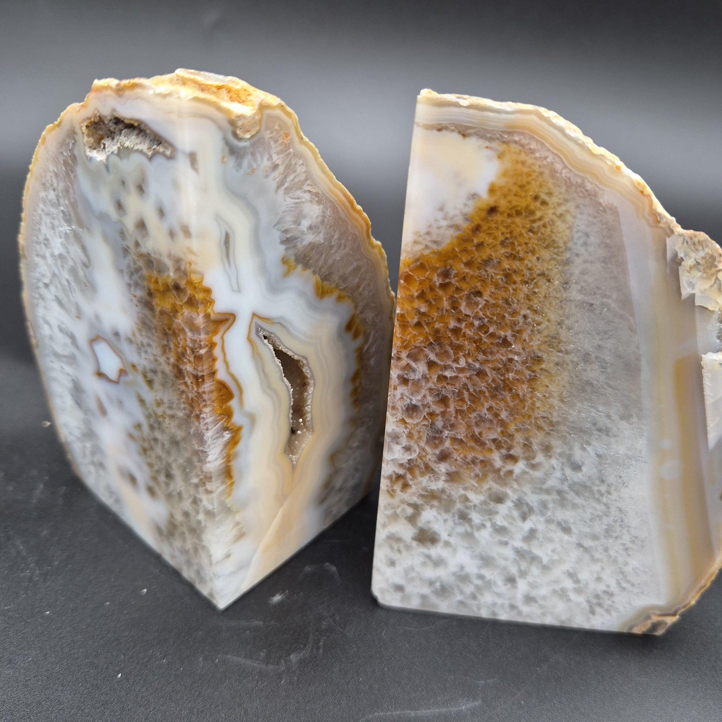 AAA+ Druzy Quartz Blue & Tan Banded Agate Double-Sided Geode Bookends - Brazilian Crystal Decor - 3.91 lbs Crystal Hoarder