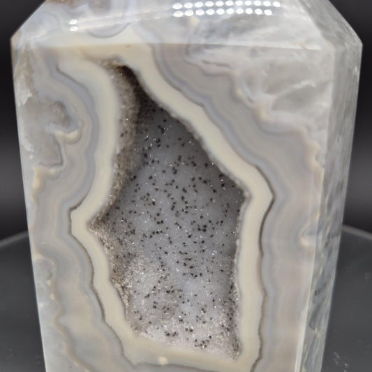 AAA+ Banded Agate Tower with Druzy Black Hematite & Quartz - 6 x 3.25in, 2.62 lbs - Brazilian Crystal, Healing Decor Crystal Hoarder