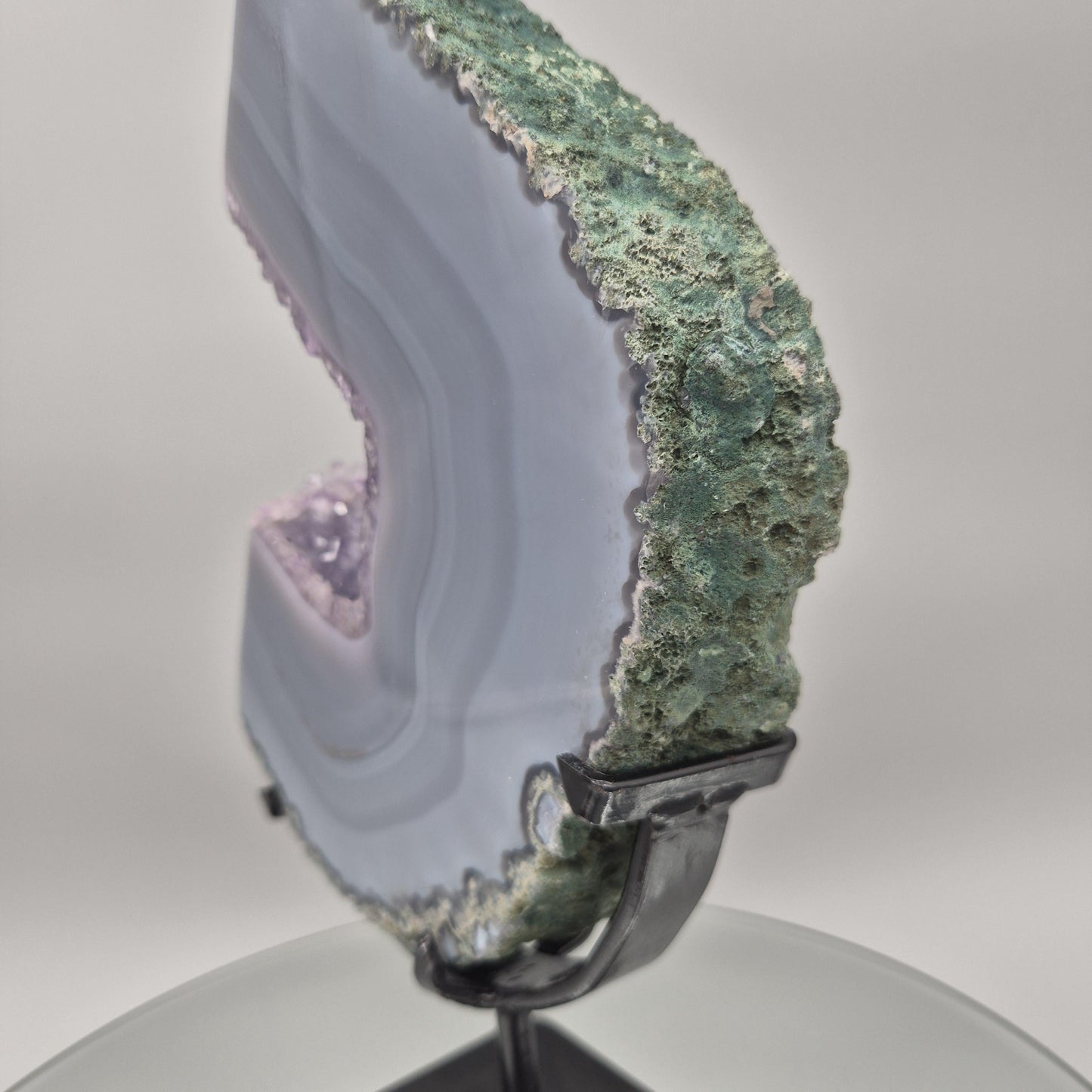 Rare Druzy Amethyst with Blue Banded Agate – Moon Shape – Brazil Crystal Hoarder