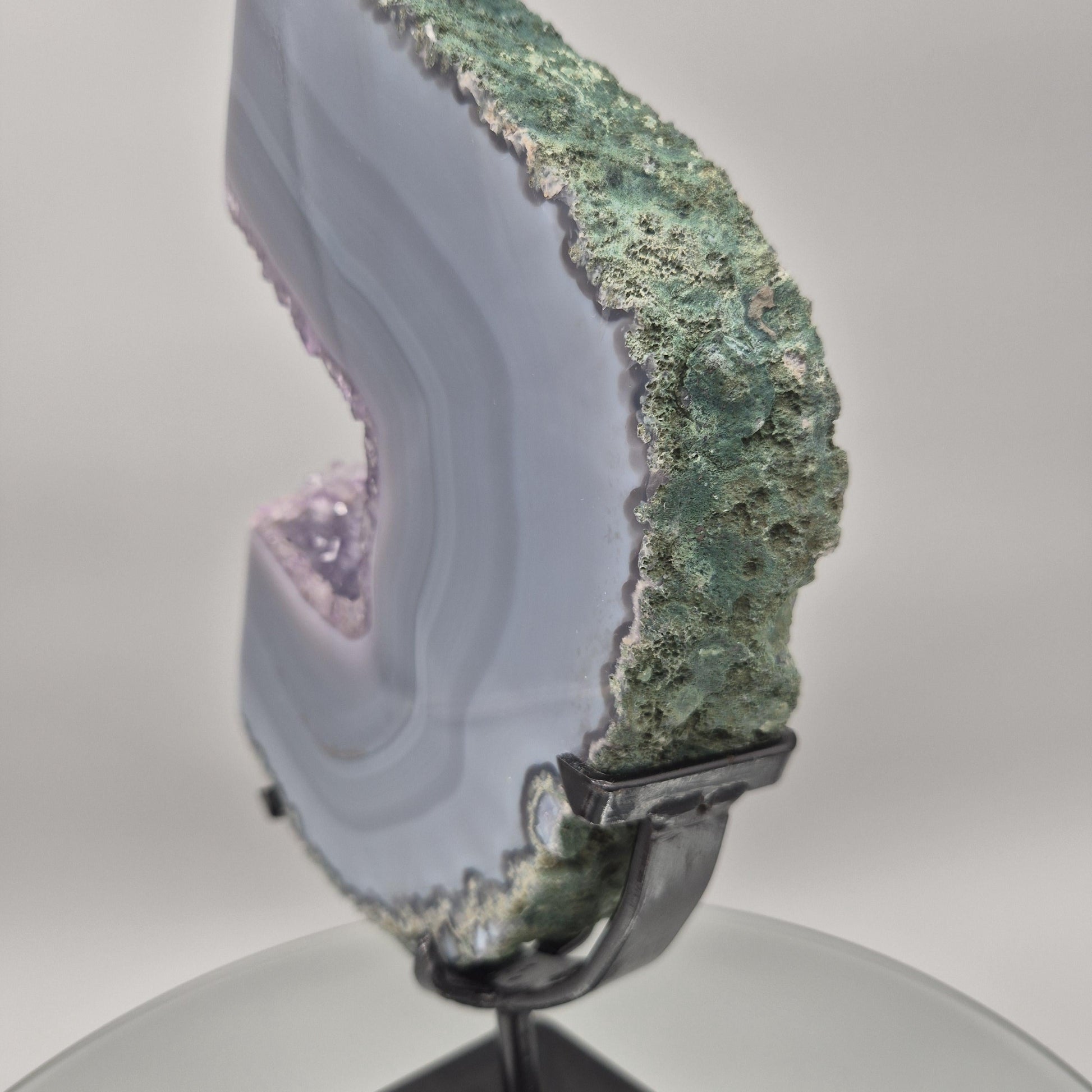 Rare Druzy Amethyst with Blue Banded Agate – Moon Shape – Brazil Crystal Hoarder